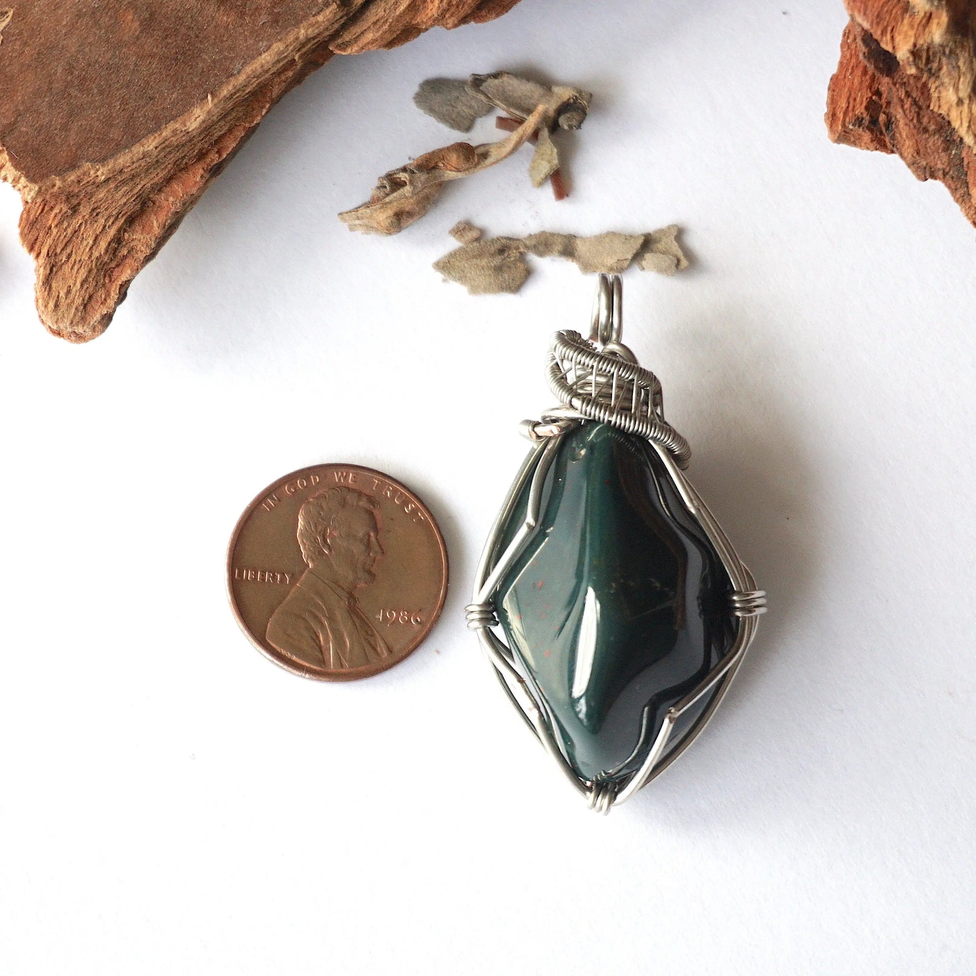 Raw Bloodstone Necklace - March Birthstone Pendant - White Gold Plated Brass DesignsbyNatureGems
