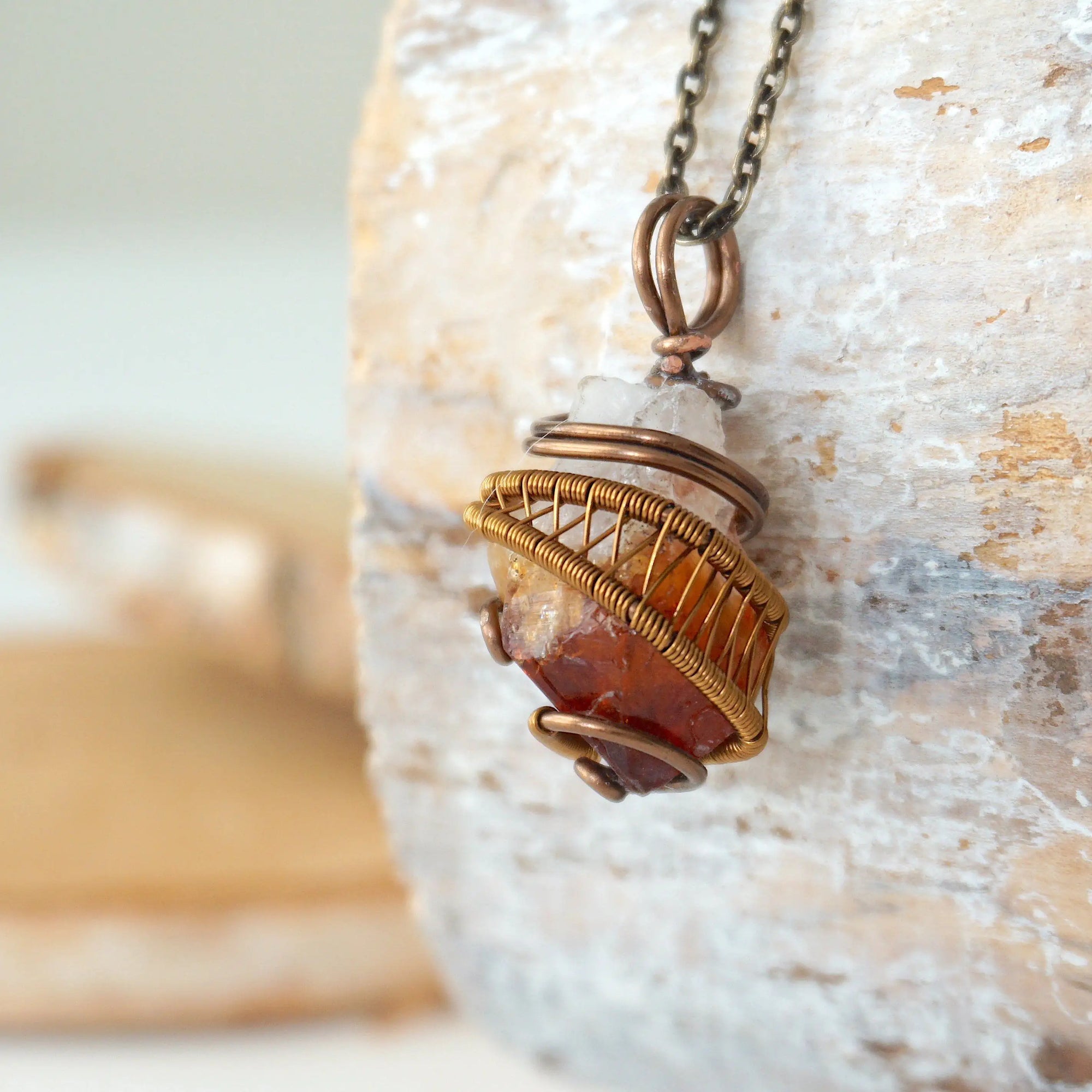 Side view of raw citrine necklace antique bronze showing wire wrapping detail and natural unpolished crystal texture
