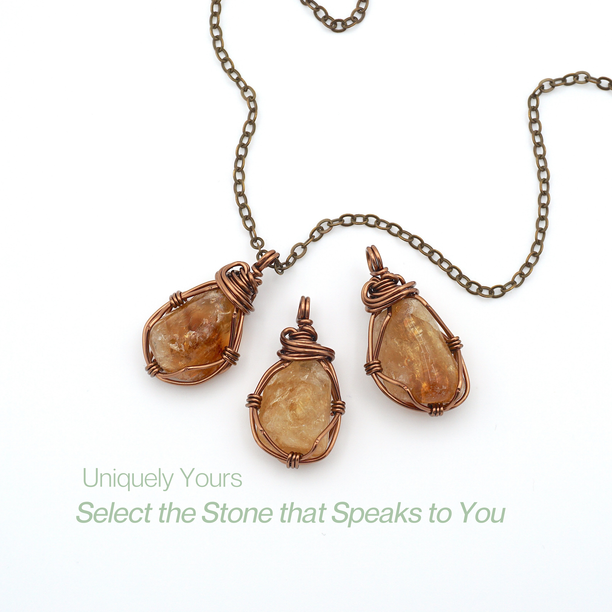 Raw citrine necklace variation comparison showing pendant size and colour variations - handcrafted wire wrapped crystal jewelry