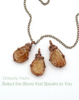 Raw citrine necklace variation comparison showing pendant size and colour variations - handcrafted wire wrapped crystal jewelry