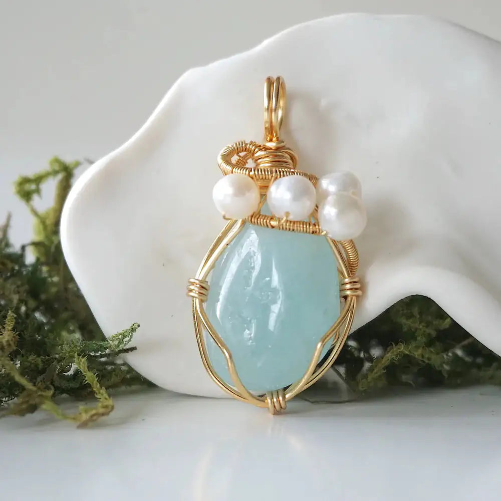 Raw Crystal and Pearl Necklace - Gold Plated Pendant - Choose Your Birthstone DesignsbyNatureGems