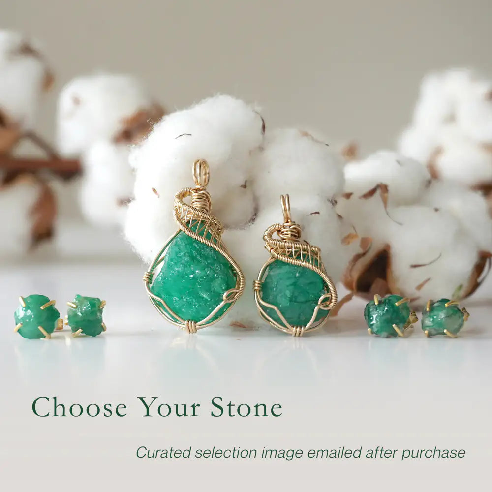 Two raw emerald jewelry sets in 14k gold filled, showing natural variation in size, shape, and color. Handcrafted May birthstone jewelry set by Designs by Nature Gems.