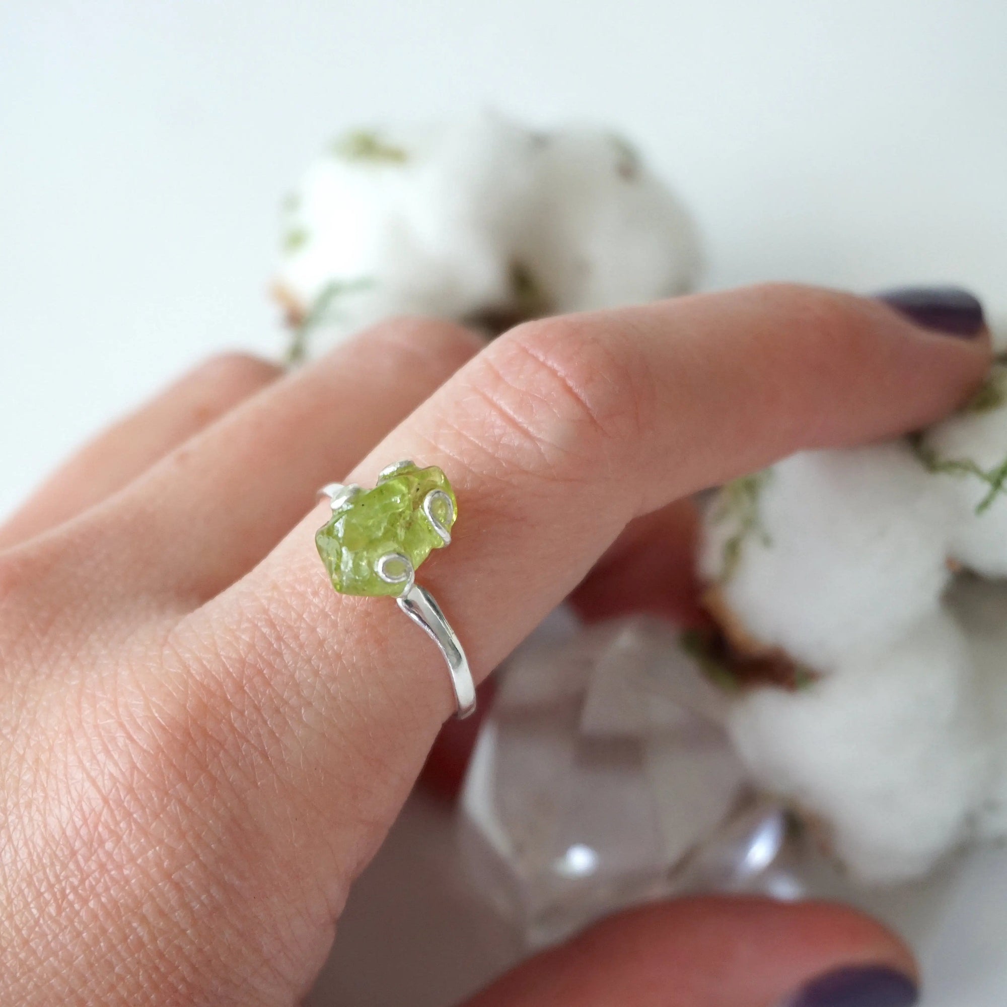 Raw Green Peridot Crystal Adjustable Ring - Sterling Silver DesignsbyNatureGems