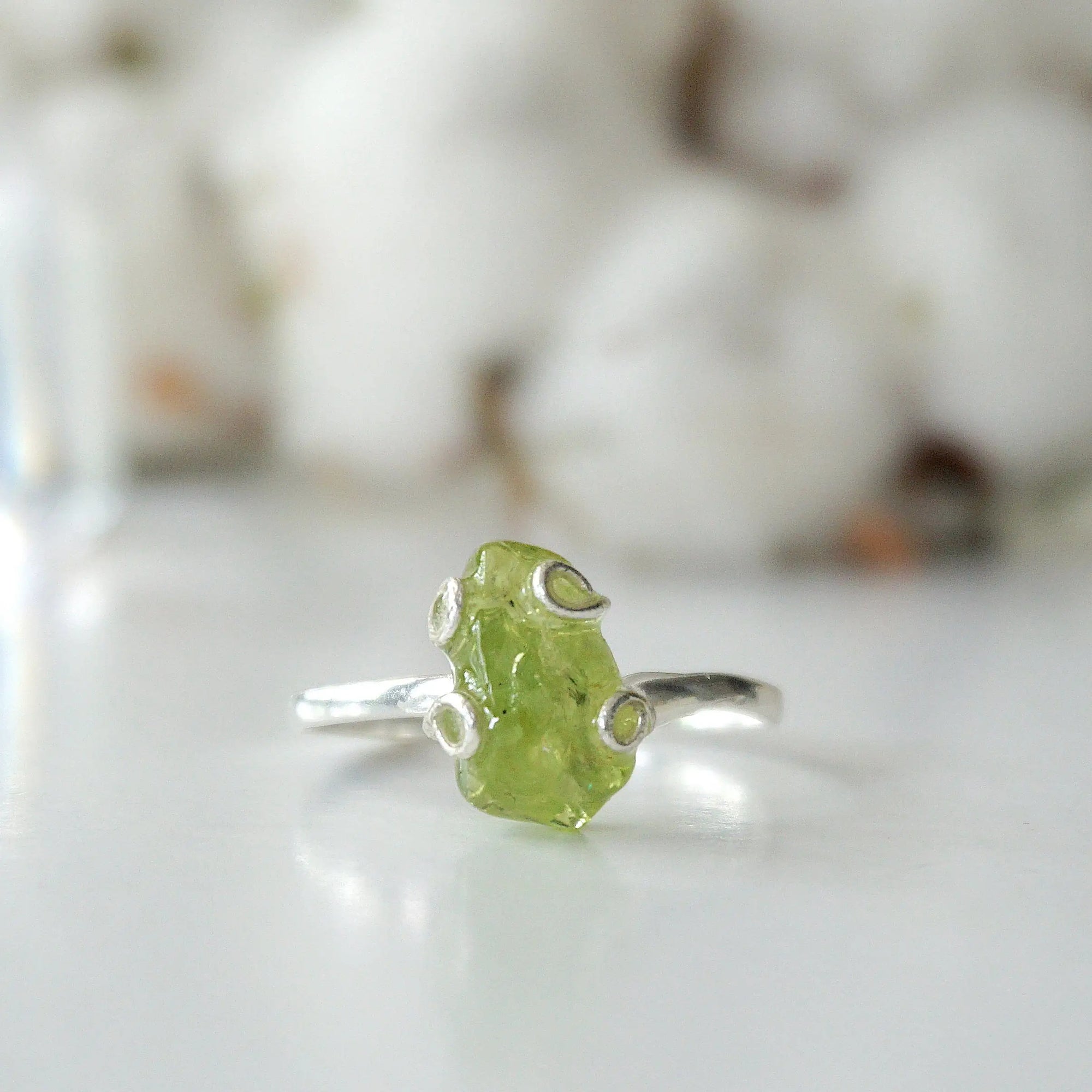 Raw Green Peridot Crystal Adjustable Ring - Sterling Silver DesignsbyNatureGems