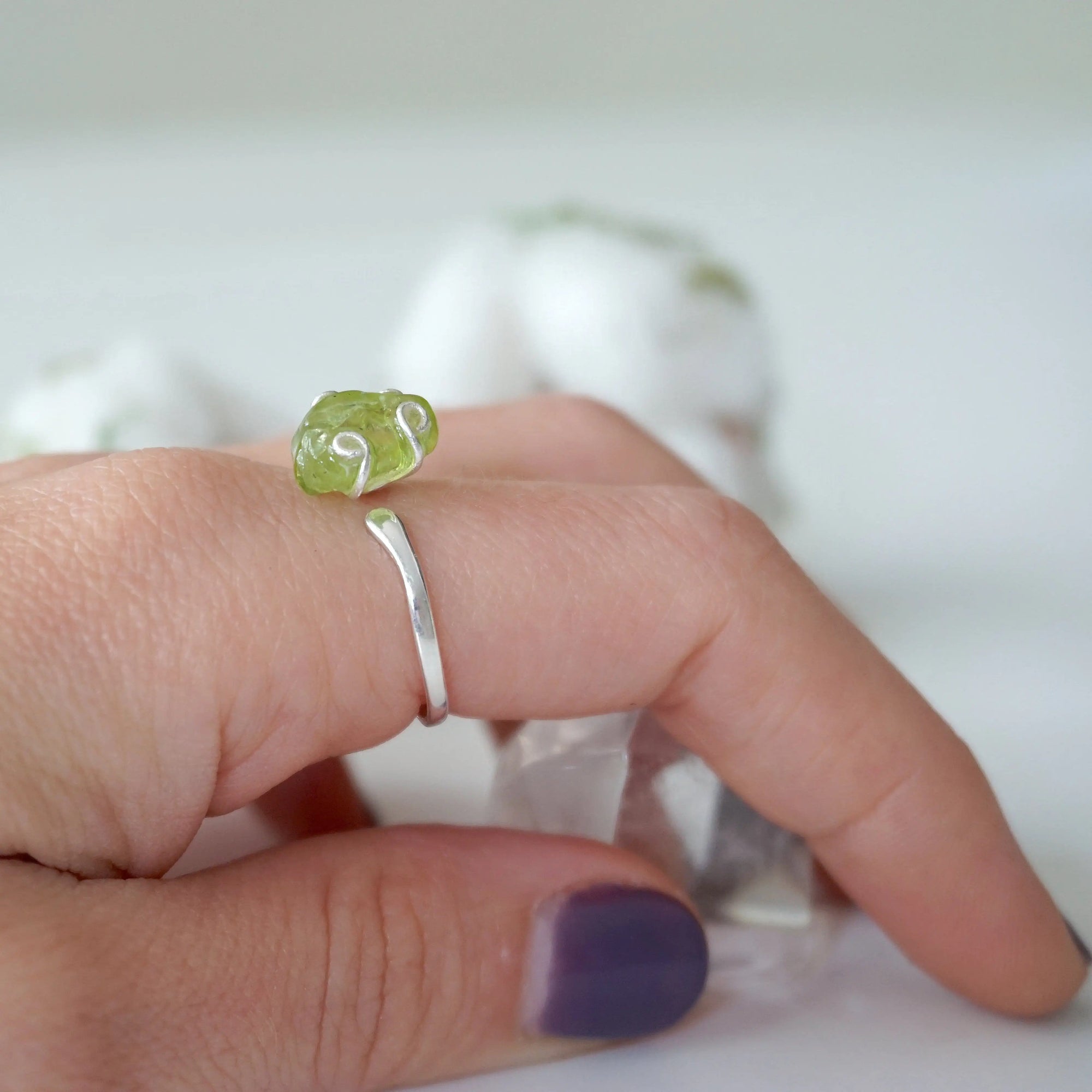 Raw Green Peridot Crystal Adjustable Ring - Sterling Silver DesignsbyNatureGems