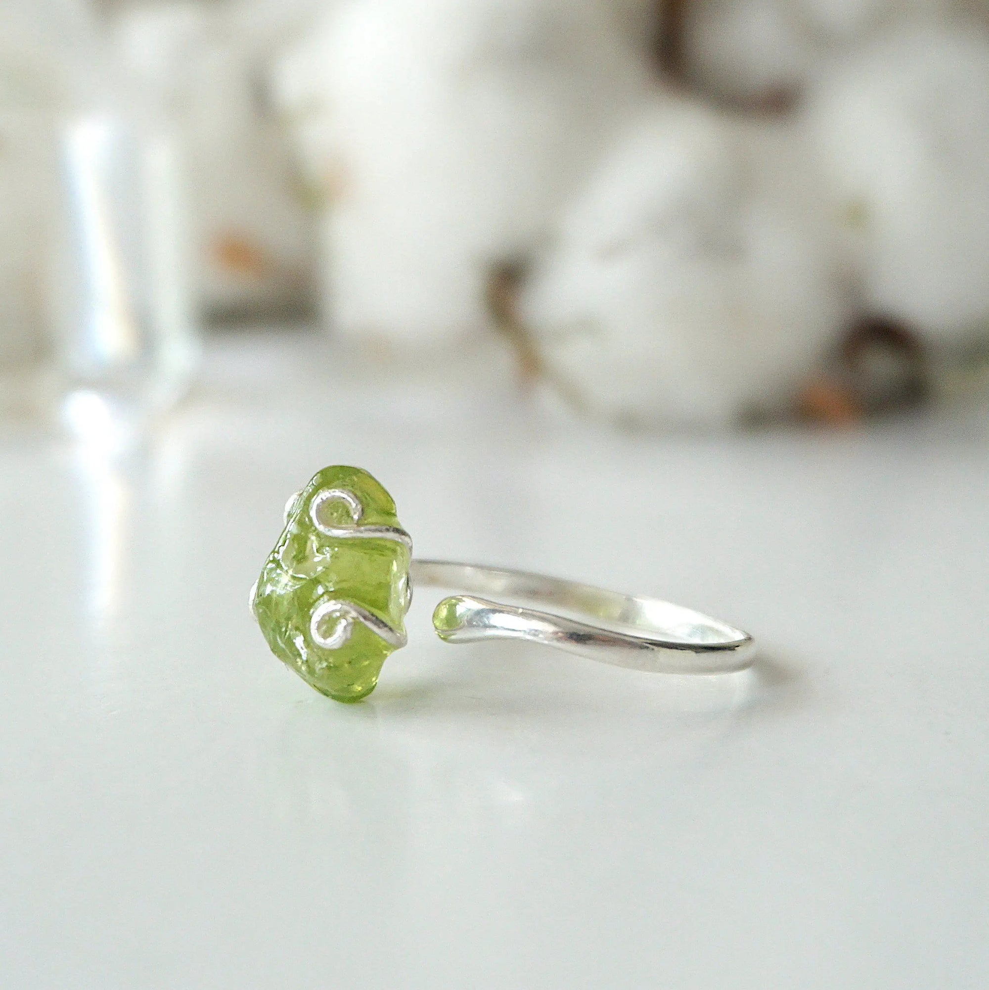 Raw Green Peridot Crystal Adjustable Ring - Sterling Silver DesignsbyNatureGems