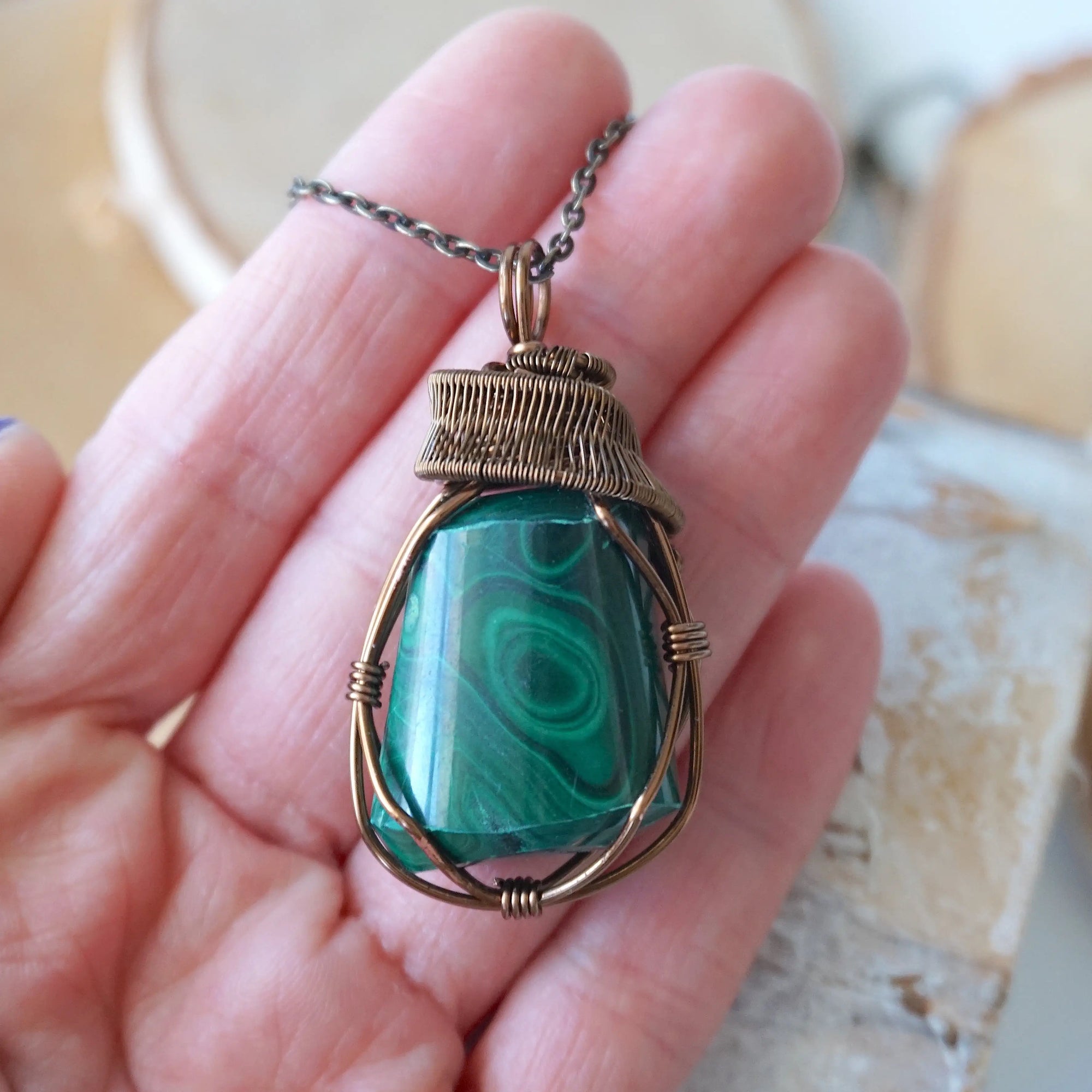 Raw Malachite Pendant Necklace - Antique Bronze DesignsbyNatureGems