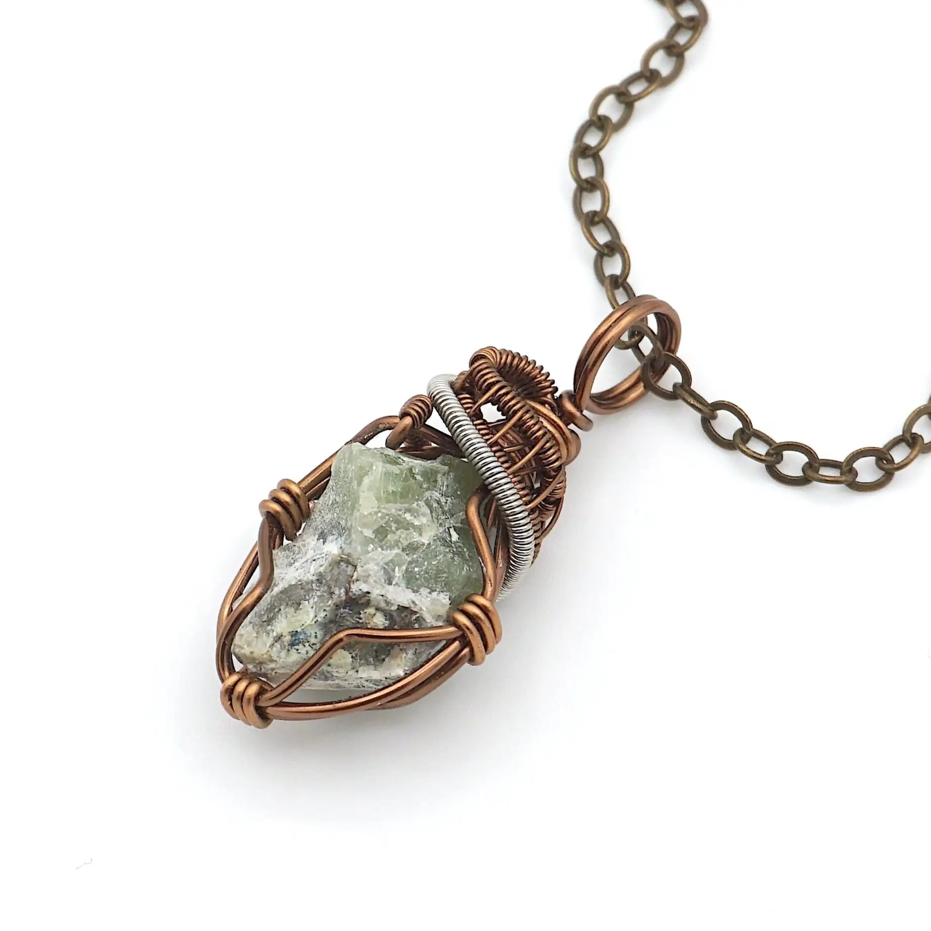 Raw peridot necklace for men — sage green crystal pendant with two-tone wire wrap on antique bronze cable chain, handmade August birthstone jewelry by Designs by Nature Gems