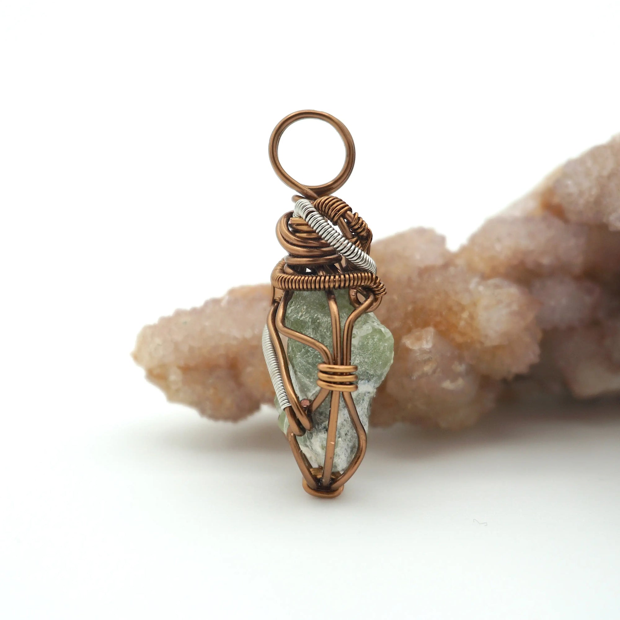 Right side detail of handmade raw peridot pendant for men — antique bronze and dark silver wire wrapping technique, artisan crystal necklace by Designs by Nature Gems