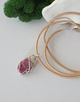 Raw ruby necklace for women — handmade 925 sterling silver wire wrapped pendant on genuine tan leather cord, July birthstone, by Designs by Nature Gems