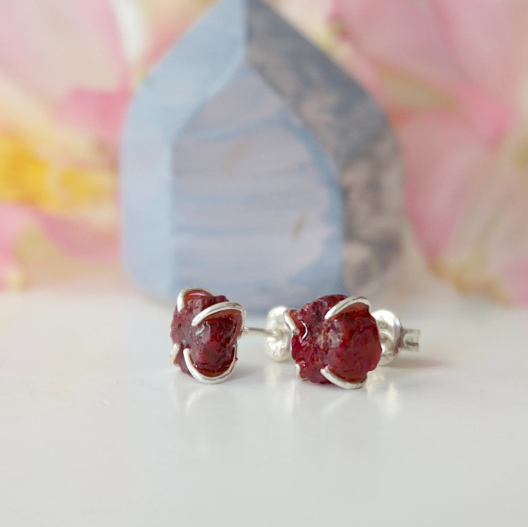 Raw ruby prong stud earrings with natural rough ruby in 925 sterling silver claw setting — handmade crystal jewelry by Designs by Nature Gems