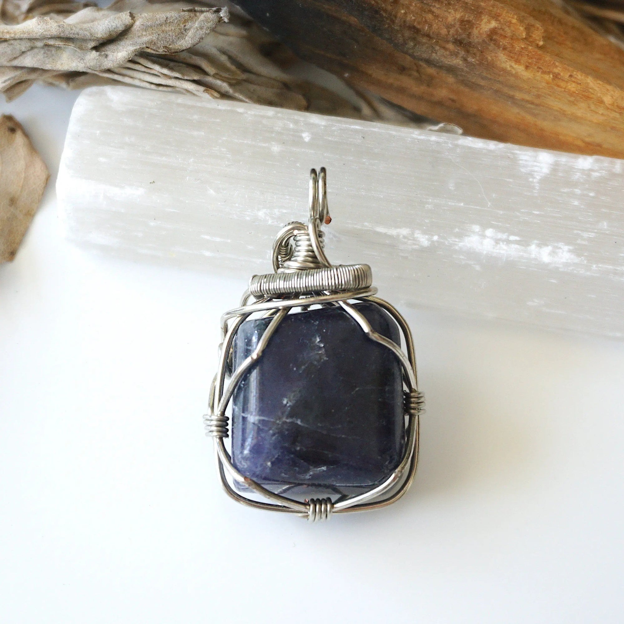 Raw Sapphire Pendant Necklace - September Birthstone - Sapphire Crystal Wrapped in Dark Silver Wire