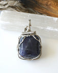 Raw Sapphire Pendant Necklace - September Birthstone - Sapphire Crystal Wrapped in Dark Silver Wire
