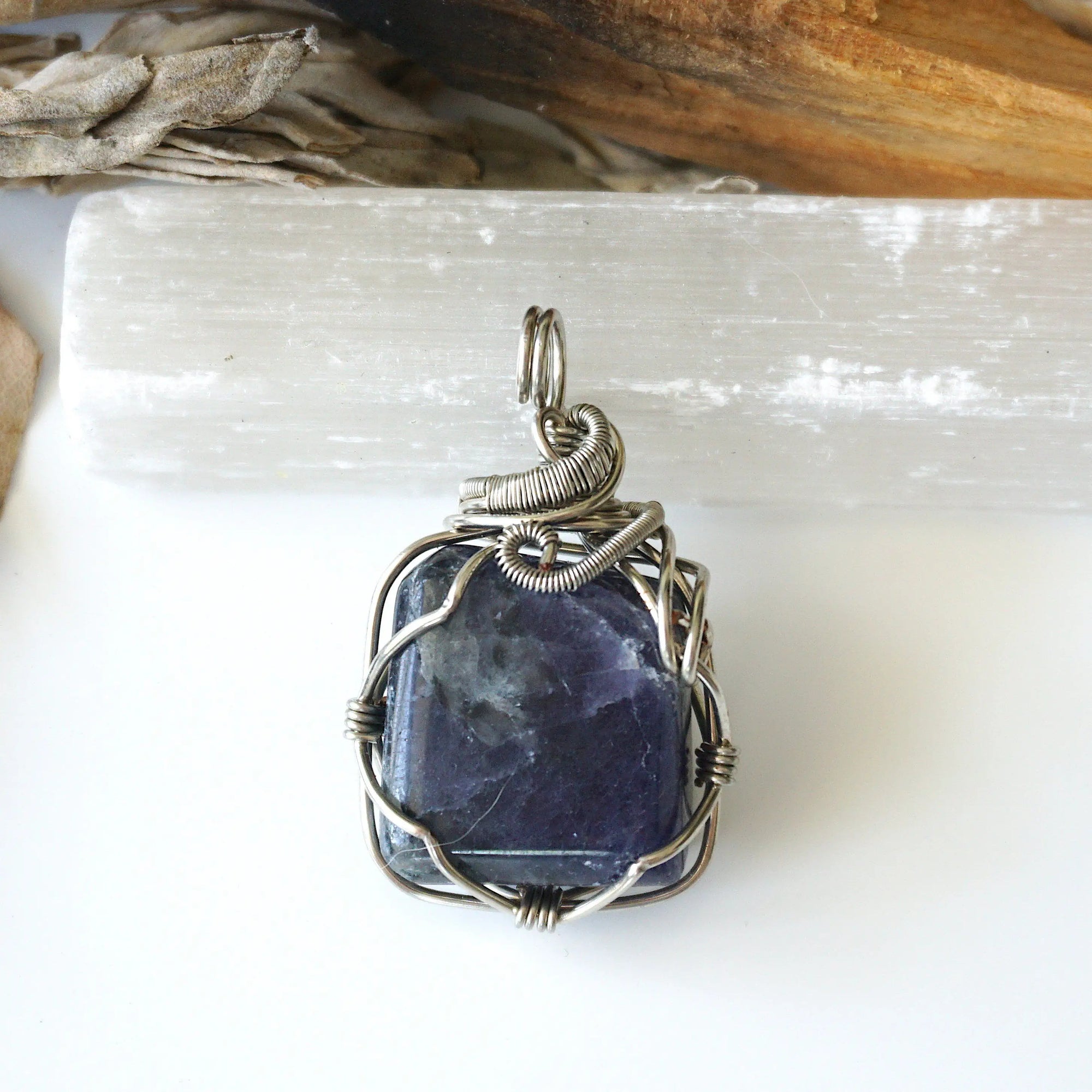 Raw Sapphire Pendant Necklace - September Birthstone - Sapphire Crystal Wrapped in Dark Silver Wire