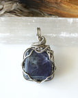 Raw Sapphire Pendant Necklace - September Birthstone - Sapphire Crystal Wrapped in Dark Silver Wire