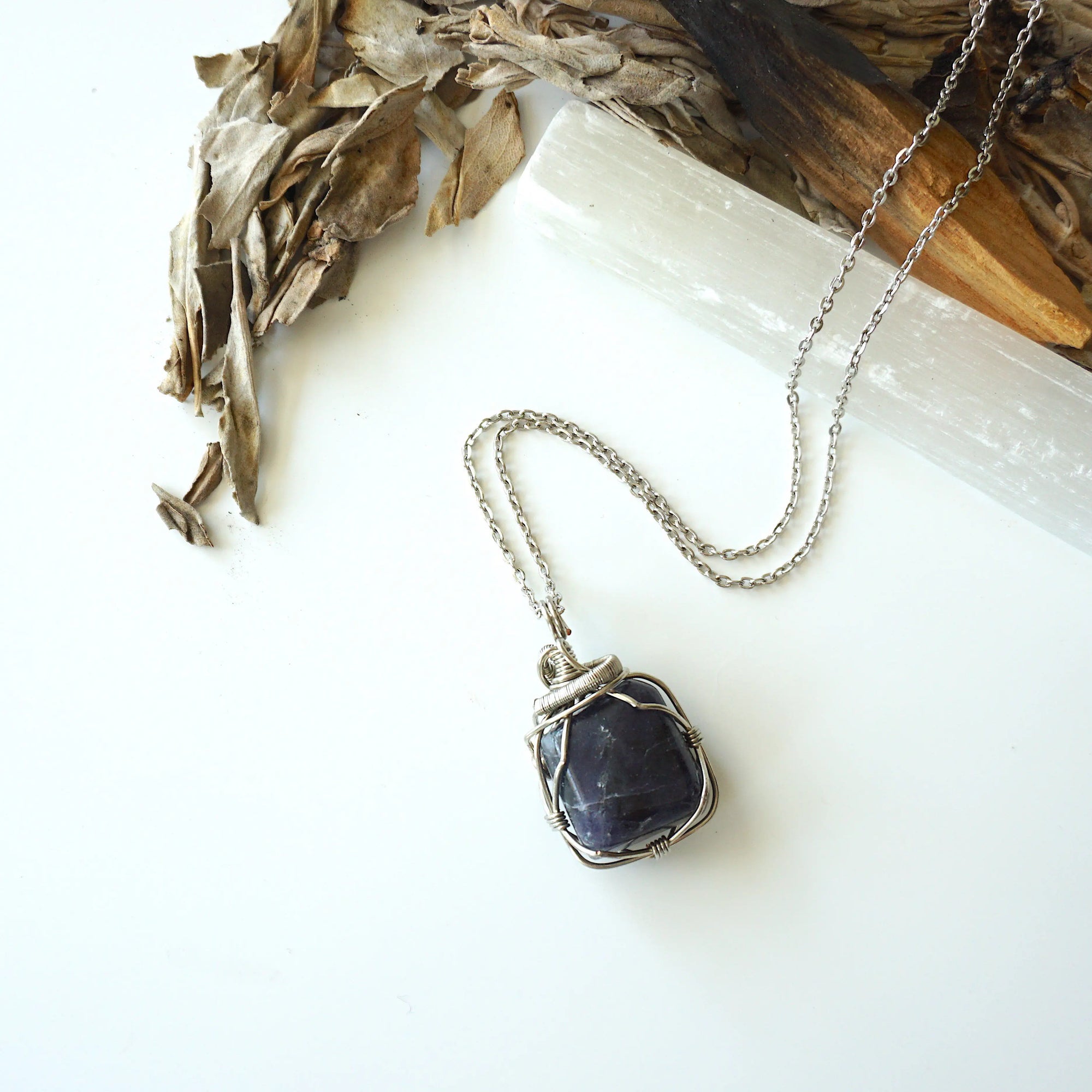 Raw Sapphire Pendant Necklace - September Birthstone - Sapphire Crystal Wrapped in Dark Silver Wire with Silver Chain