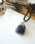 Raw Sapphire Pendant Necklace - September Birthstone - Sapphire Crystal Wrapped in Dark Silver Wire with Black Cord
