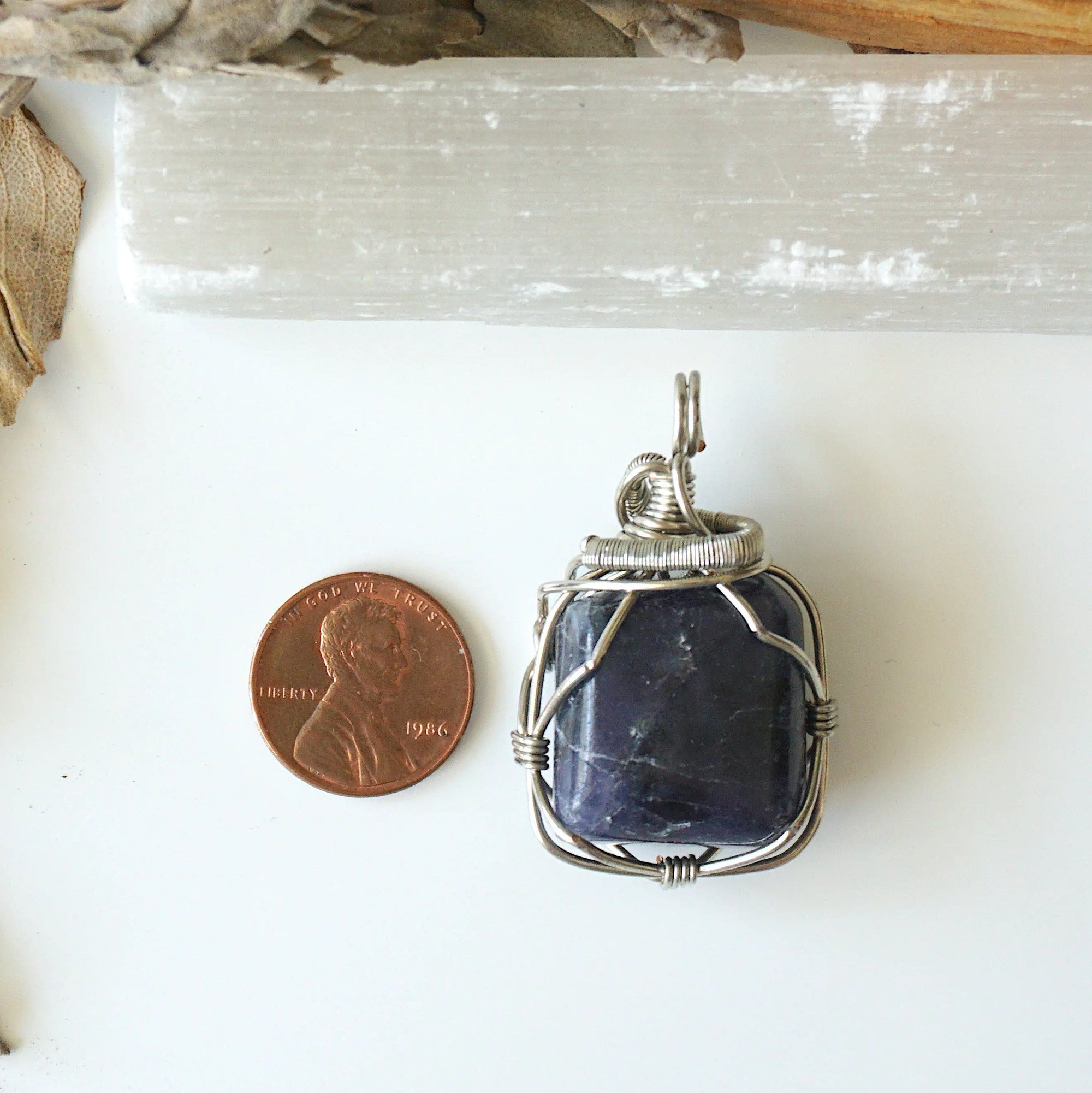 Raw Sapphire Pendant Necklace - September Birthstone - Sapphire Crystal Wrapped in Dark Silver Wire - Size Comparison to a Penny