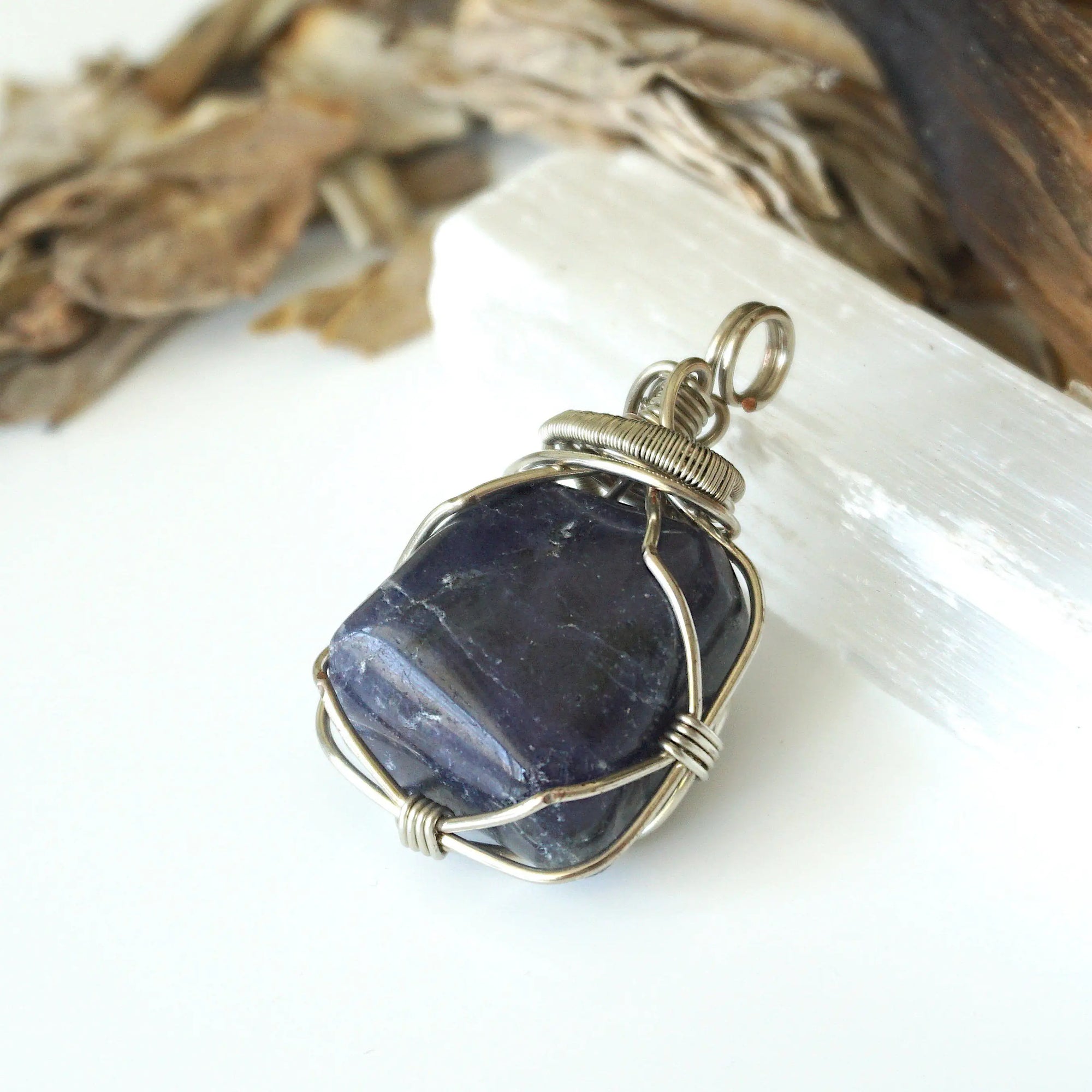 Raw Sapphire Pendant Necklace - September Birthstone - Sapphire Crystal Wrapped in Dark Silver Wire