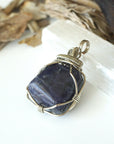 Raw Sapphire Pendant Necklace - September Birthstone - Sapphire Crystal Wrapped in Dark Silver Wire