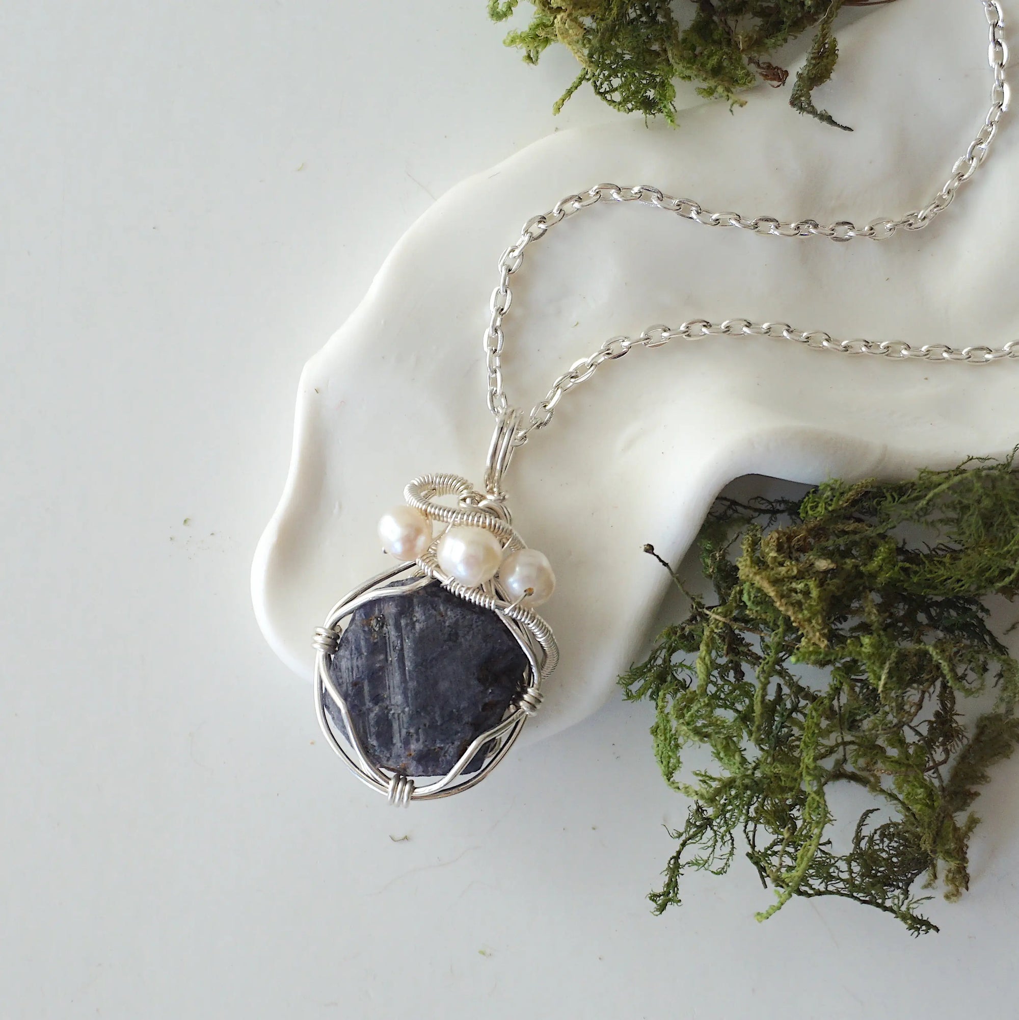 Women's raw sapphire and freshwater pearl necklace on a 925 sterling silver cable chain — sterling silver wire wrap, handcrafted crystal jewelry by Designs by Nature Gems