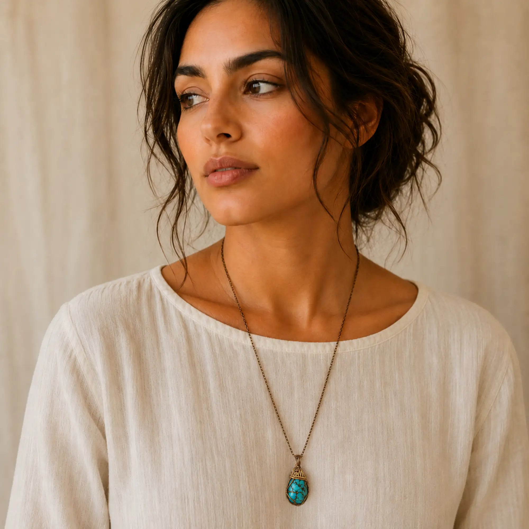 Model wearing raw turquoise necklace with bronze gold wire wrap on antique bronze chain.