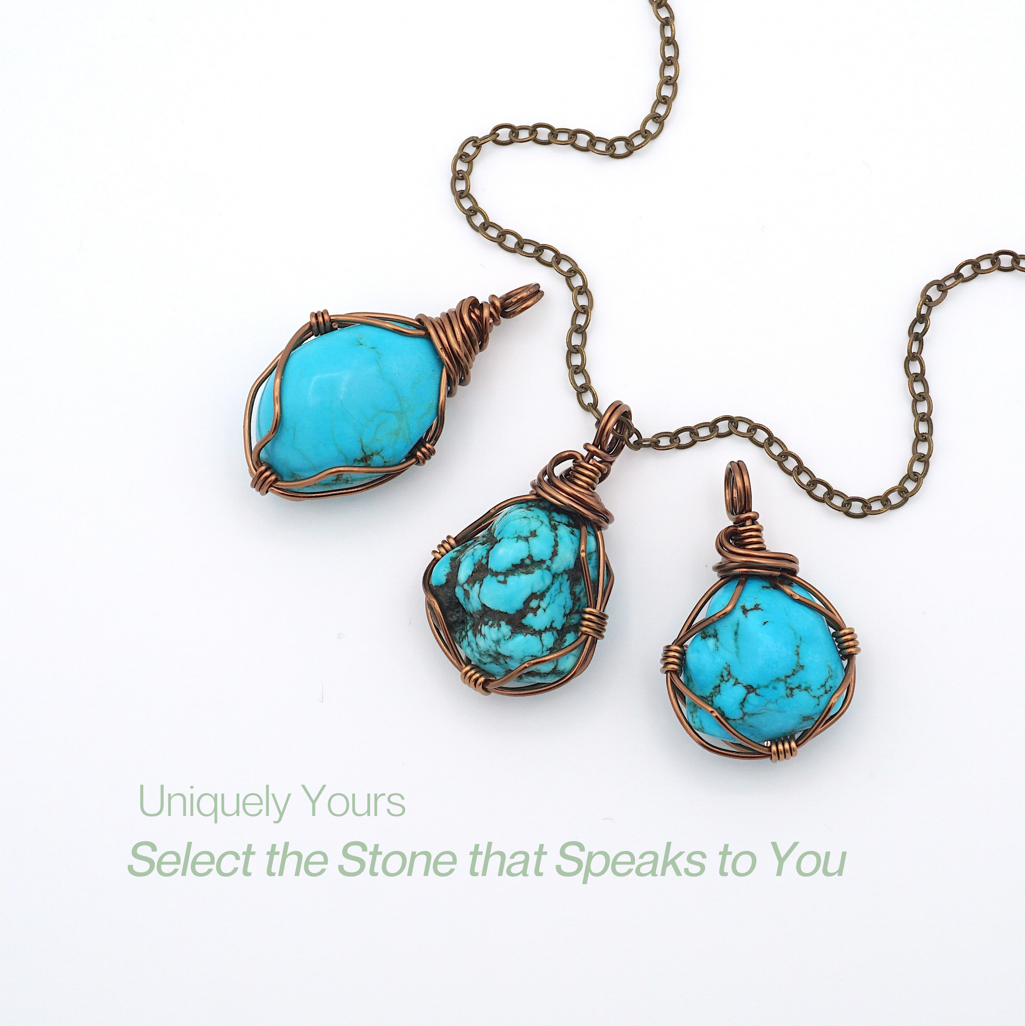 Three raw turquoise necklace variations showing natural stone color and size differences, handmade wire wrapped pendants