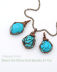 Three raw turquoise necklace variations showing natural stone color and size differences, handmade wire wrapped pendants