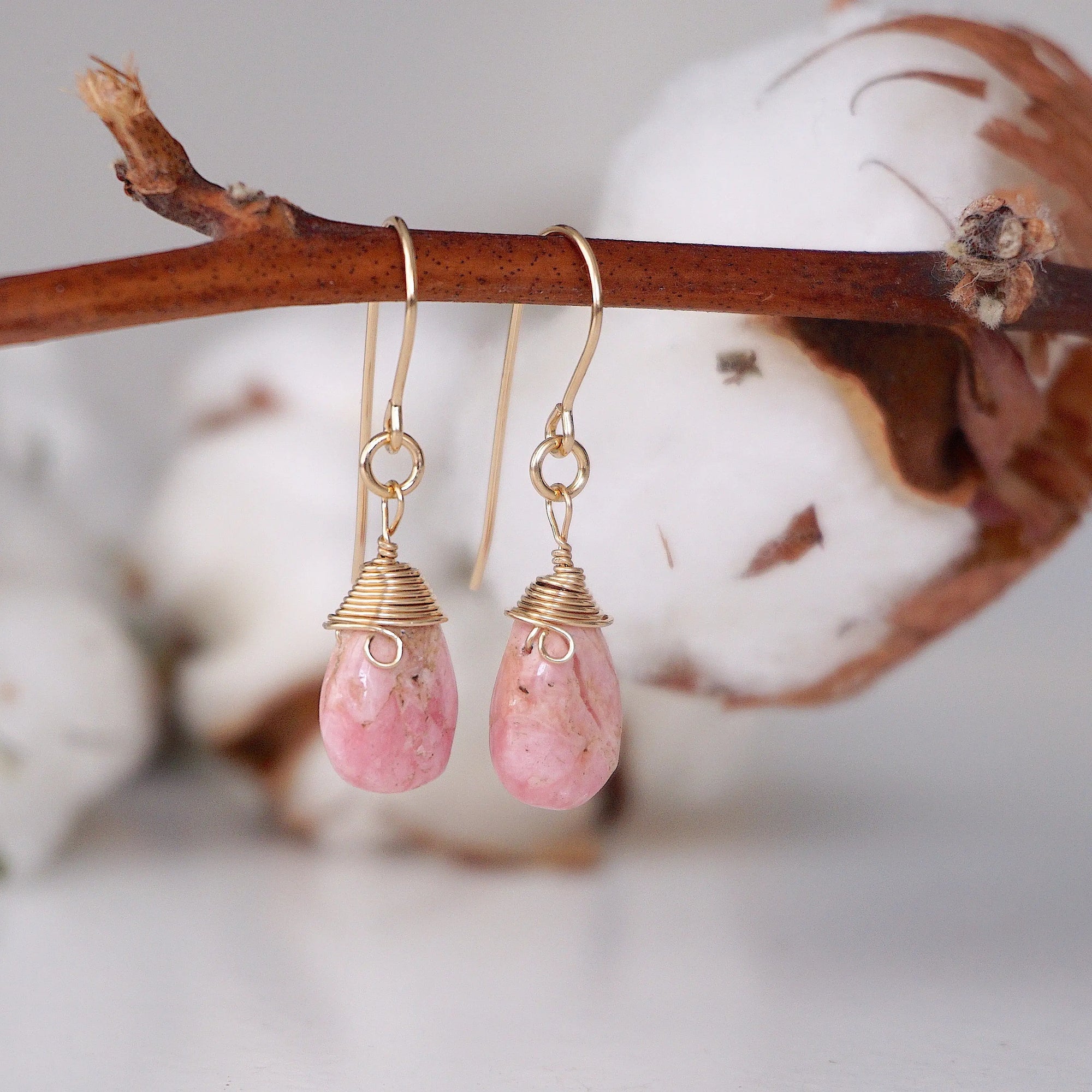 Rhodochrosite - 14k Gold Drop Earrings Designs by Nature Gems