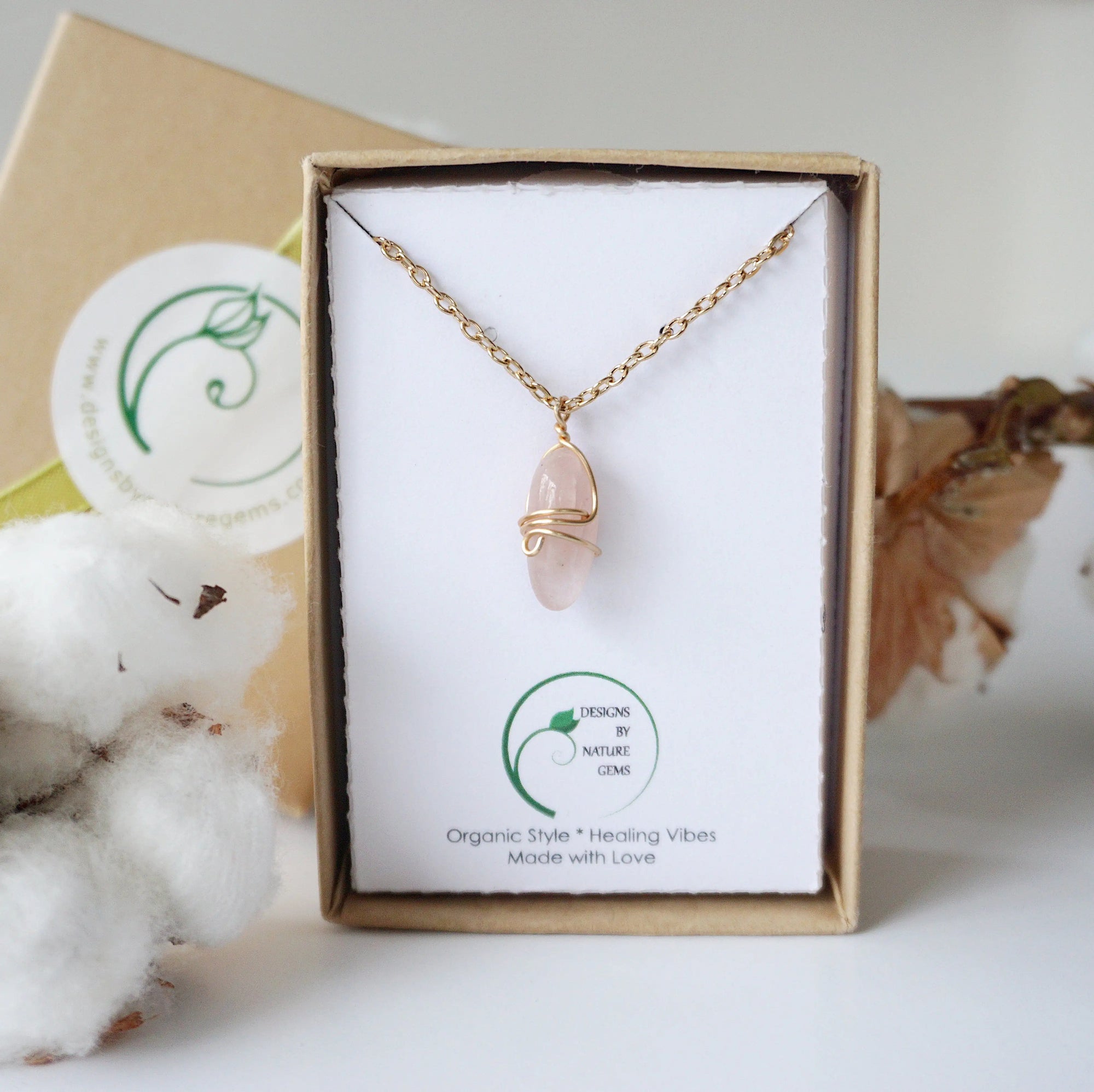 Rose Quartz Charm Necklace - Gold Plated Brass Designs by Nature Gems