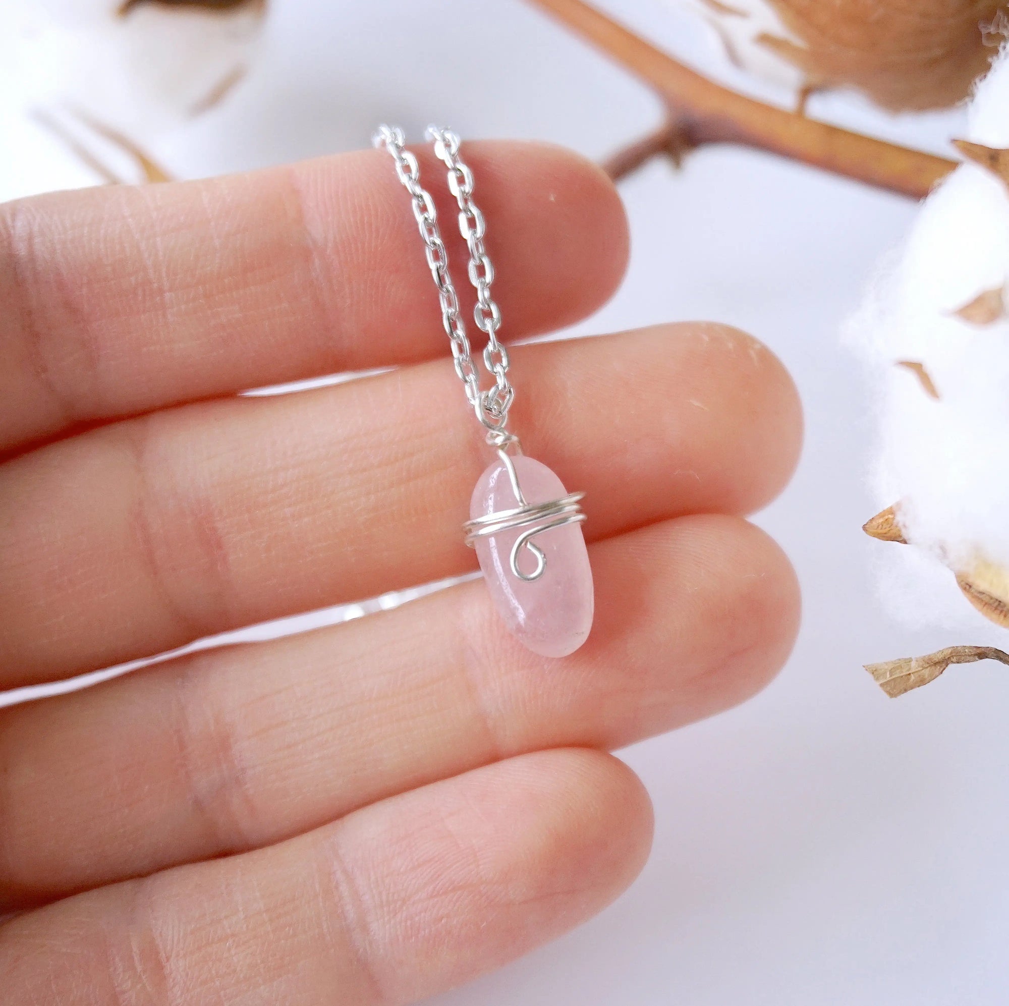 Rose Quartz Charm Necklace - Sterling Silver Plated Designs by Nature Gems
