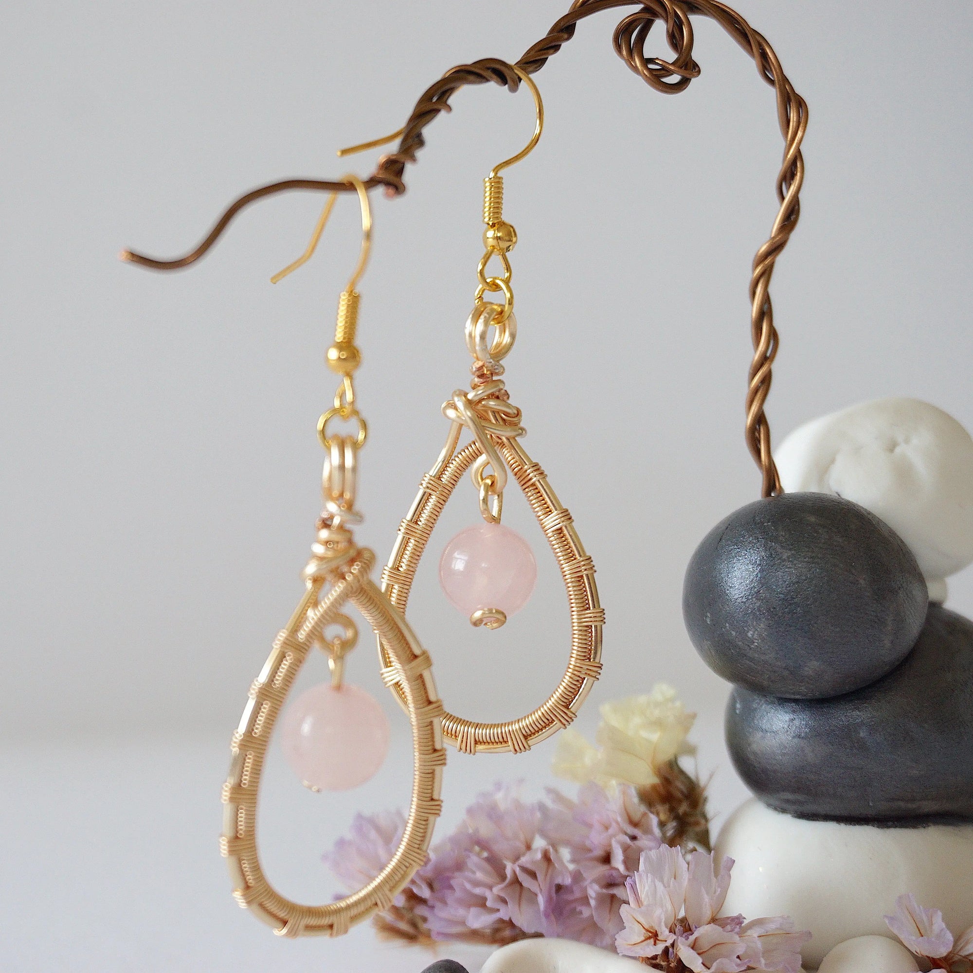 Rose Quartz Gold Plated Round Wire Earring Designs by Nature Gems