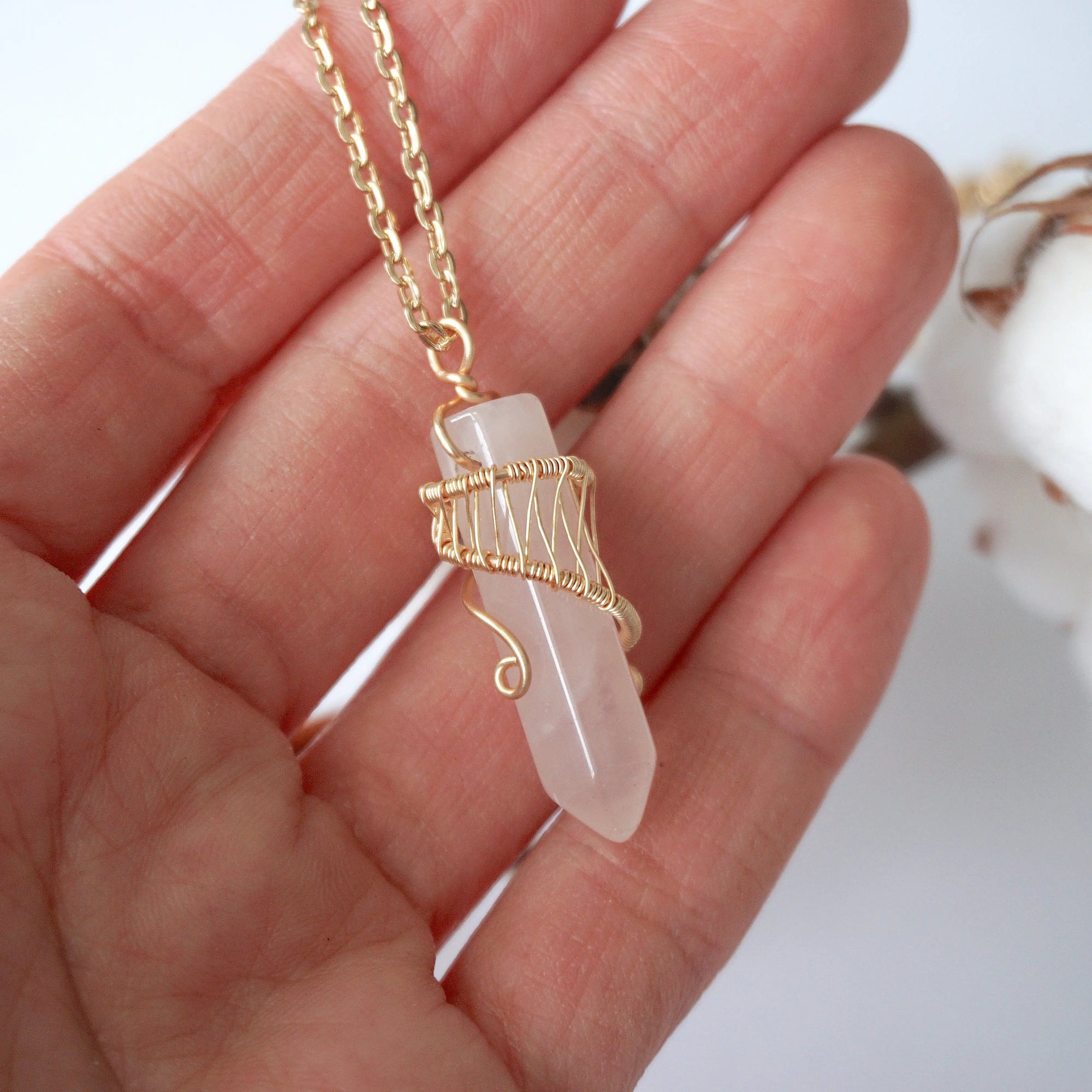 Rose Quartz Hexagonal Point Necklace - Gold Plated Designs by Nature Gems