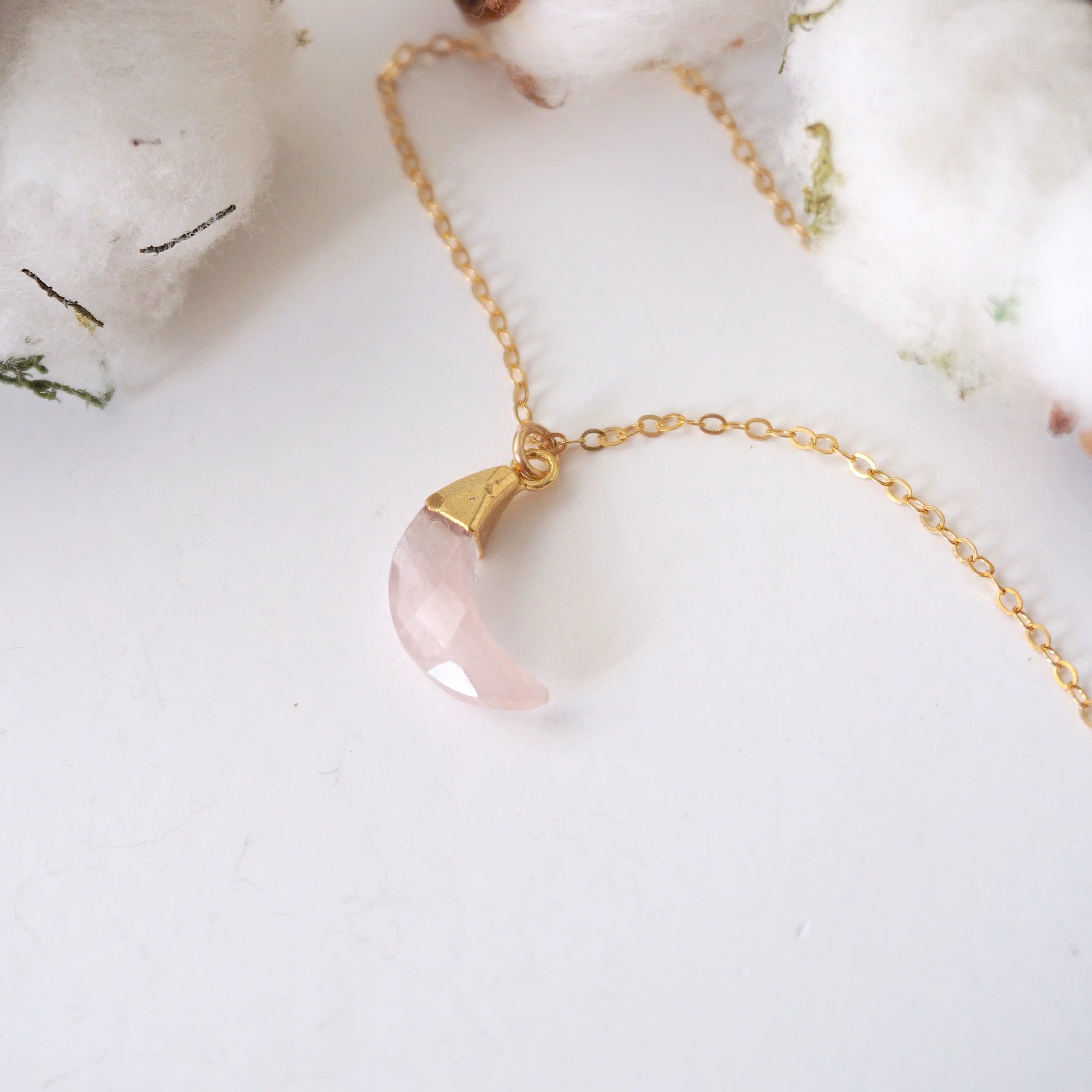 Rose Quartz Moon Charm Necklace - 14K Gold-Filled DesignsbyNatureGems