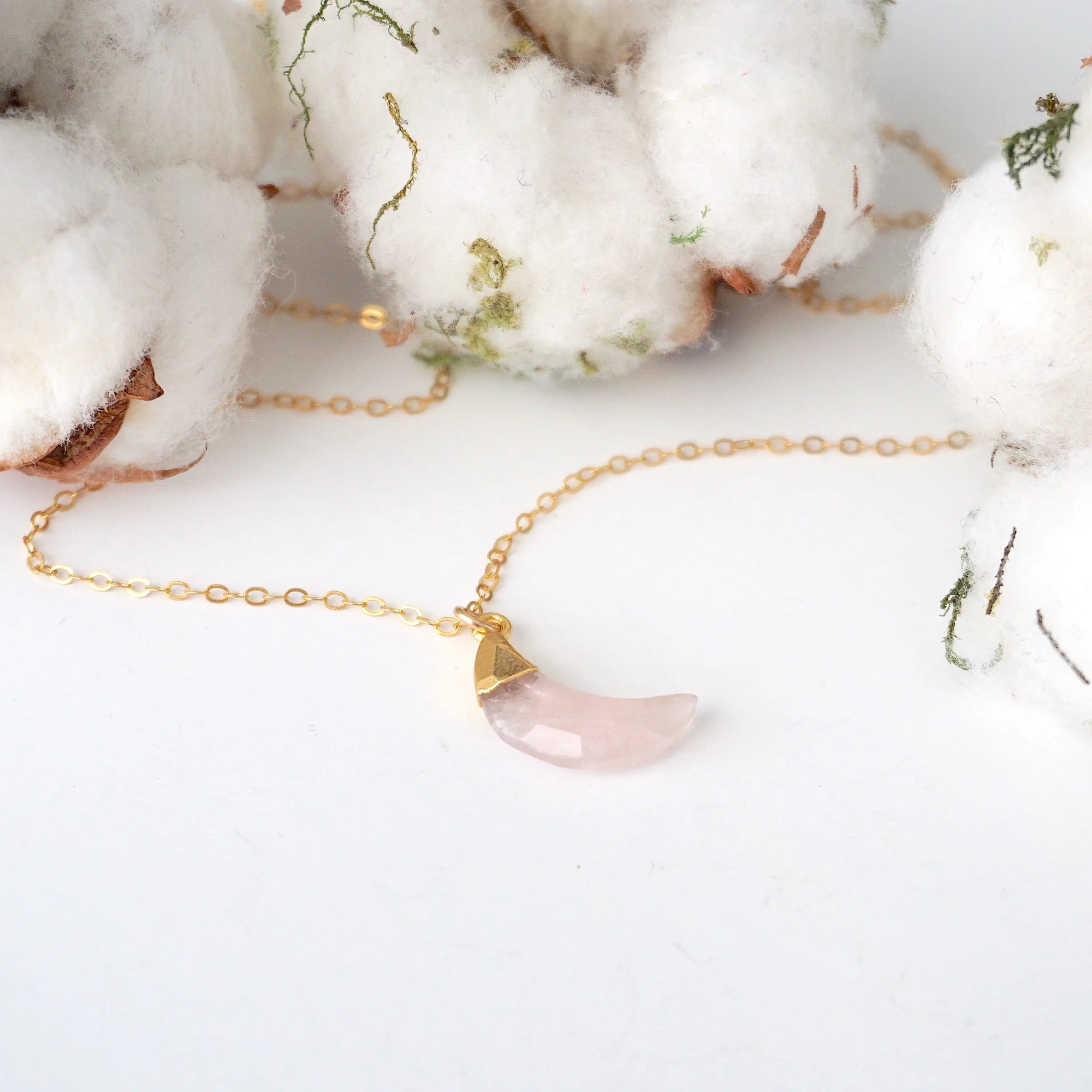 Rose Quartz Moon Charm Necklace - 14K Gold-Filled DesignsbyNatureGems