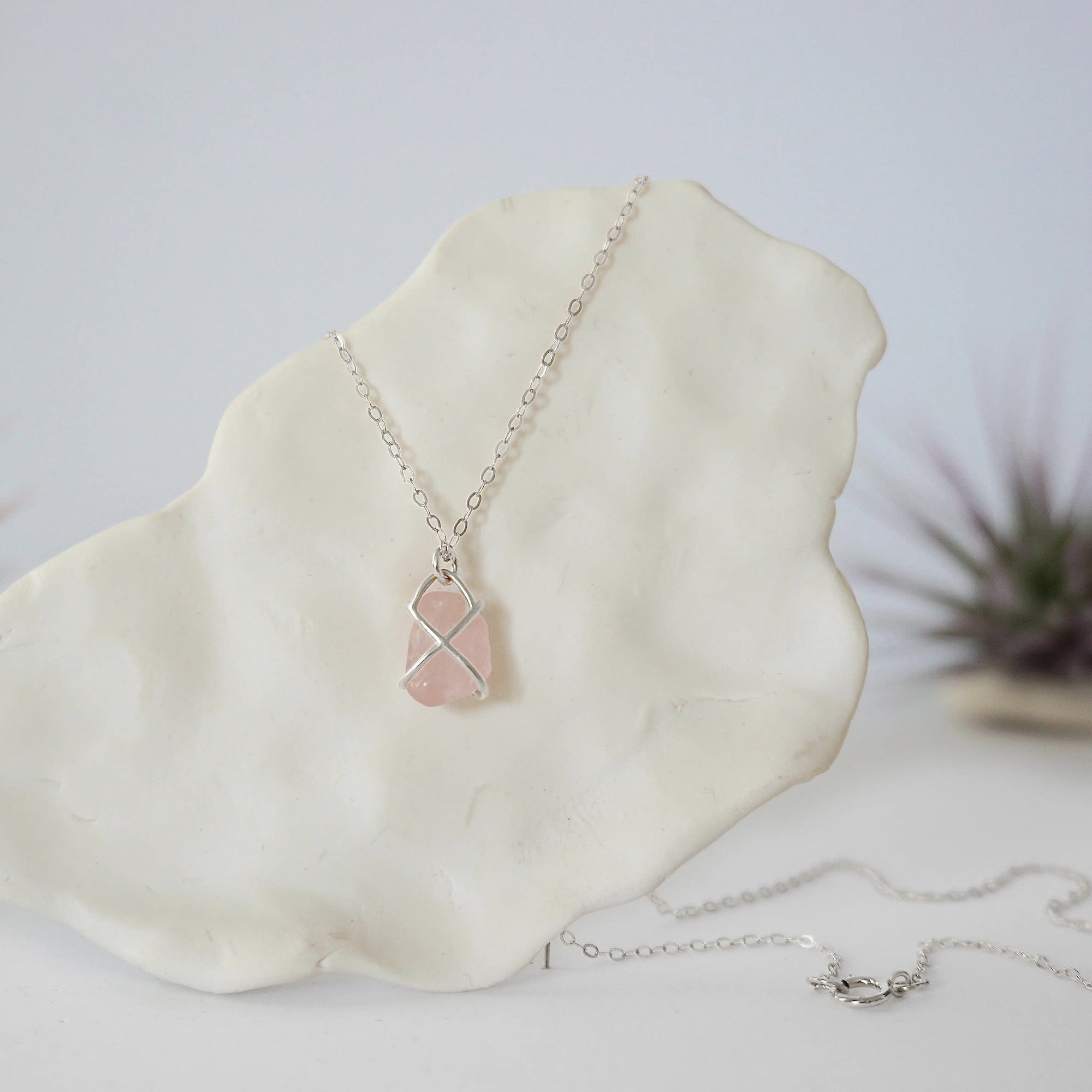 Rose Quartz Sterling Silver Huggie Charm Necklace Designs by Nature Gems