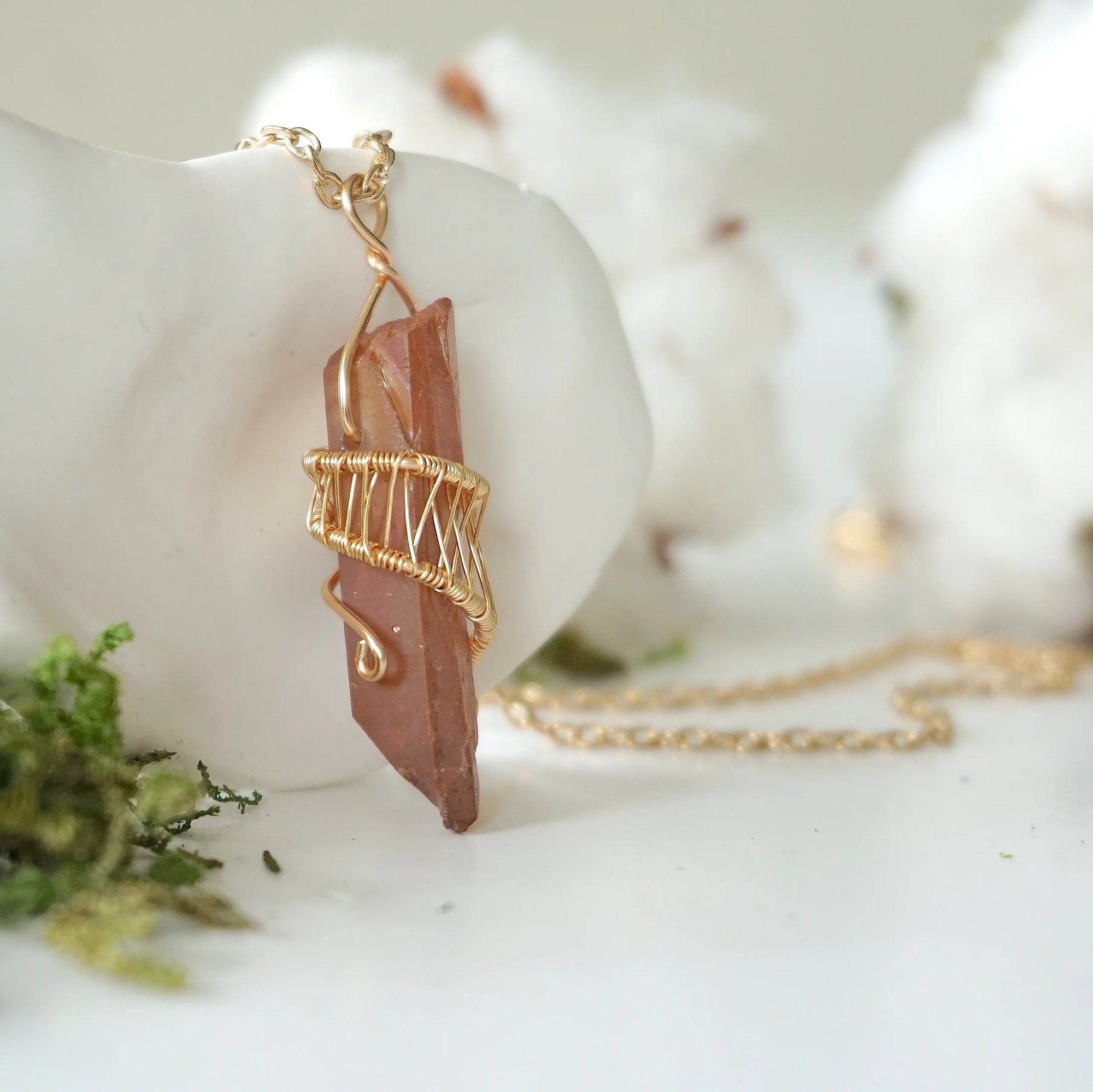 Ruby Aura Quartz - Gold Wire Wrapped Necklace Designs by Nature Gems