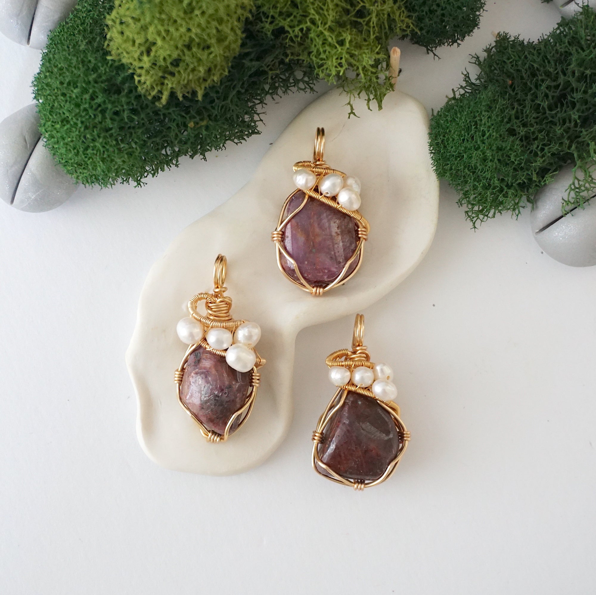 Three different ruby and freshwater pearl pendants, natural stone variation reference, handmade jewelry