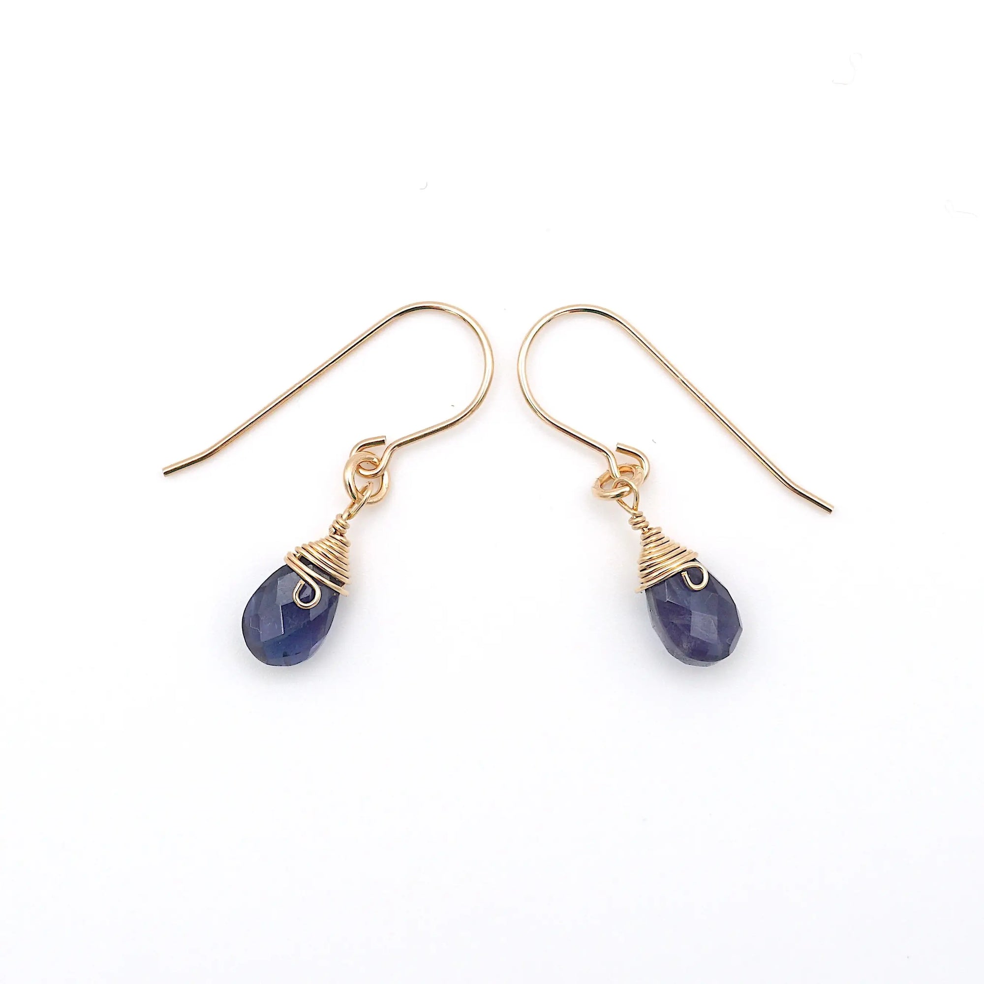 Side angle of sapphire drop earrings, minimalist artisan wire wrapping, 14k gold filled
