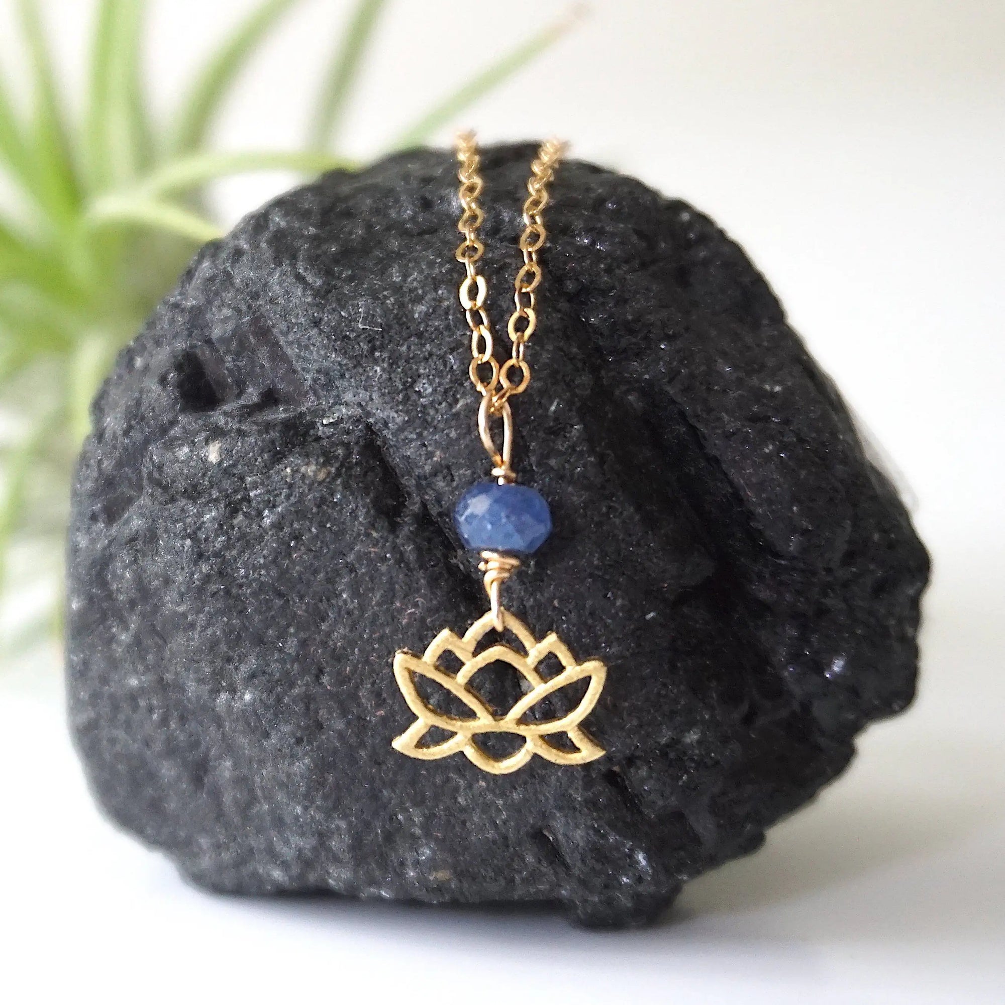 Natural faceted sapphire and gold vermeil lotus necklace on a 14k gold-filled chain — minimalist September birthstone jewelry by Designs by Nature Gems