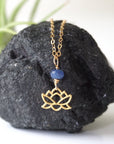 Natural faceted sapphire and gold vermeil lotus necklace on a 14k gold-filled chain — minimalist September birthstone jewelry by Designs by Nature Gems