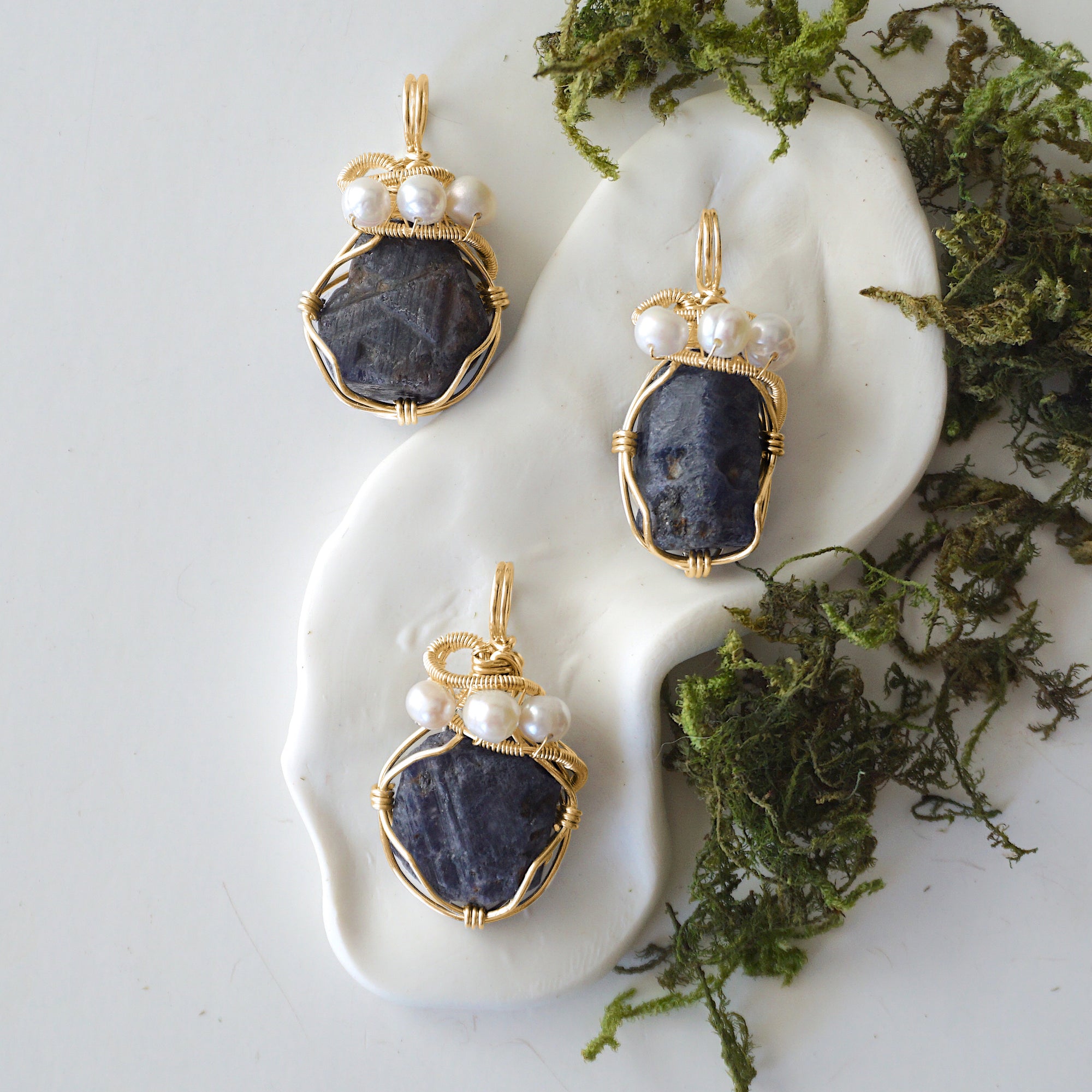 Three different sapphire and freshwater pearl pendants, natural stone variation reference, handmade jewelry