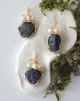 Three different sapphire and freshwater pearl pendants, natural stone variation reference, handmade jewelry