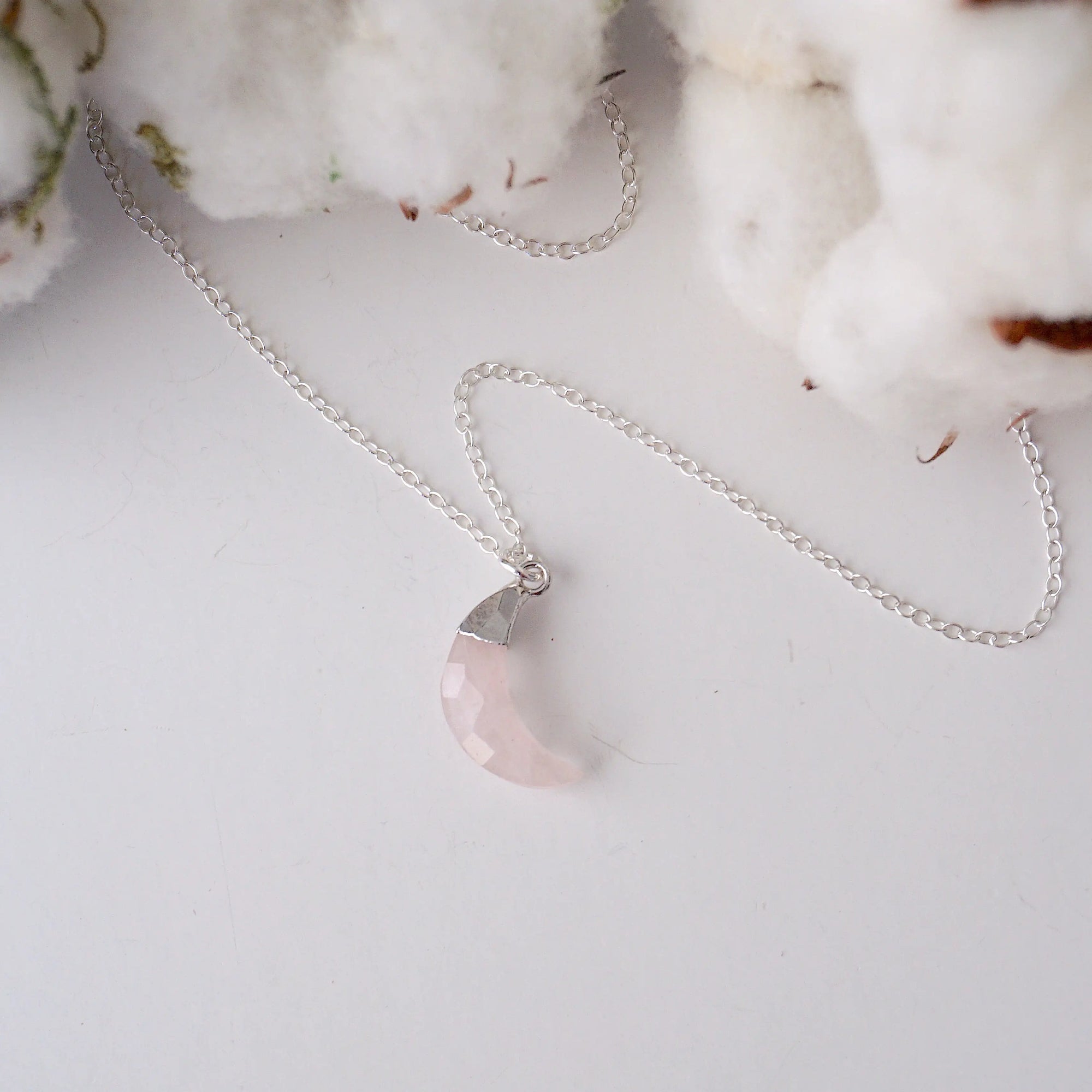 Sterling Silver Rose Quartz Moon Charm Necklace DesignsbyNatureGems