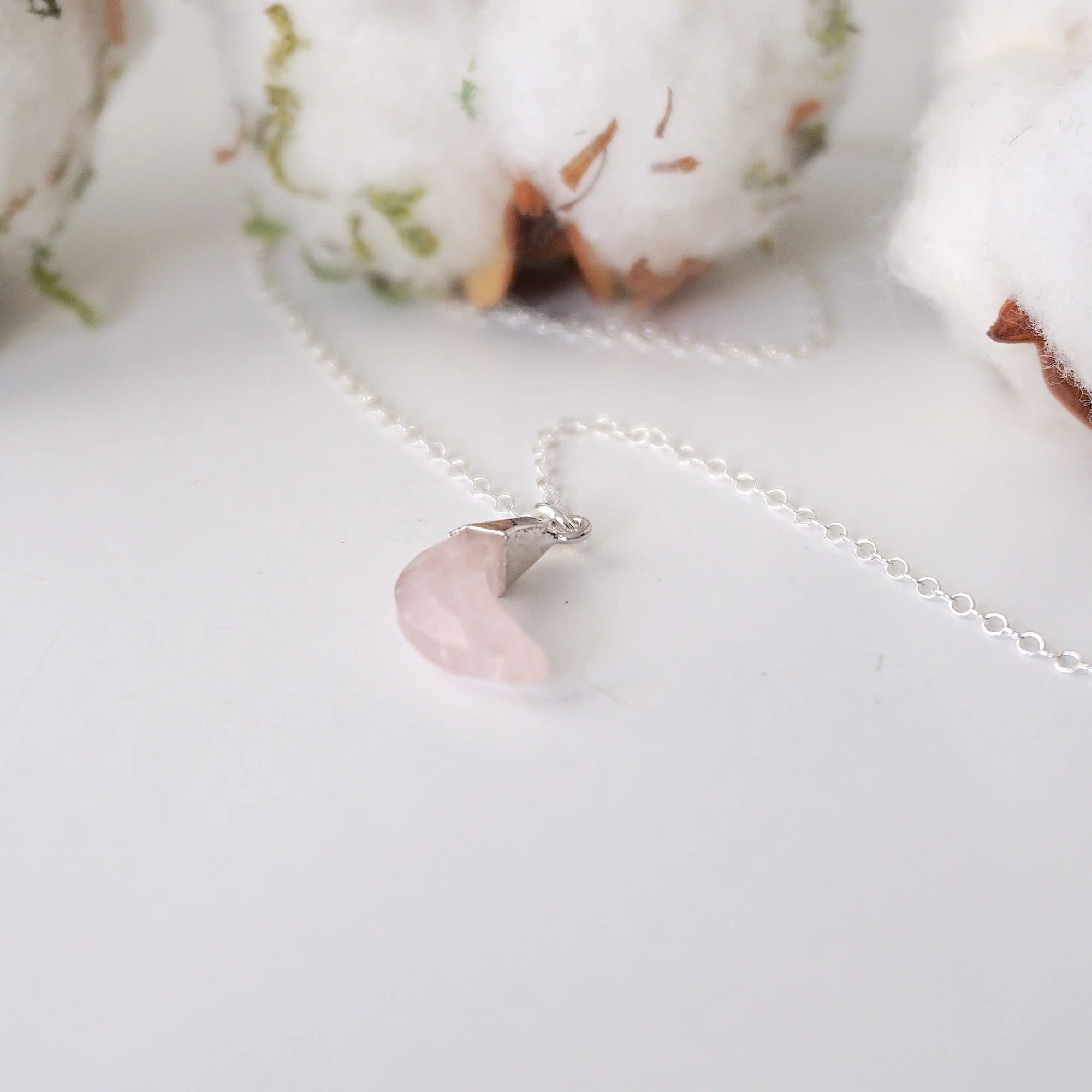 Sterling Silver Rose Quartz Moon Charm Necklace DesignsbyNatureGems