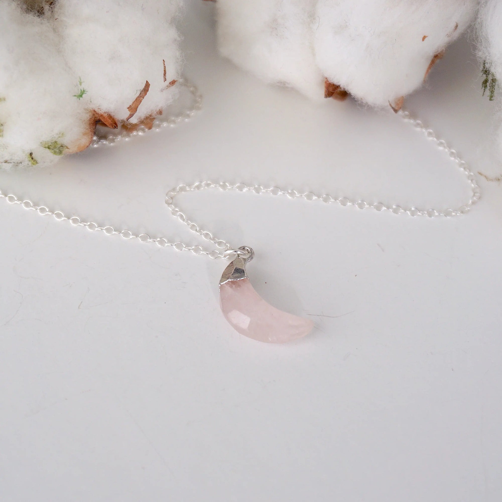 Sterling Silver Rose Quartz Moon Charm Necklace DesignsbyNatureGems