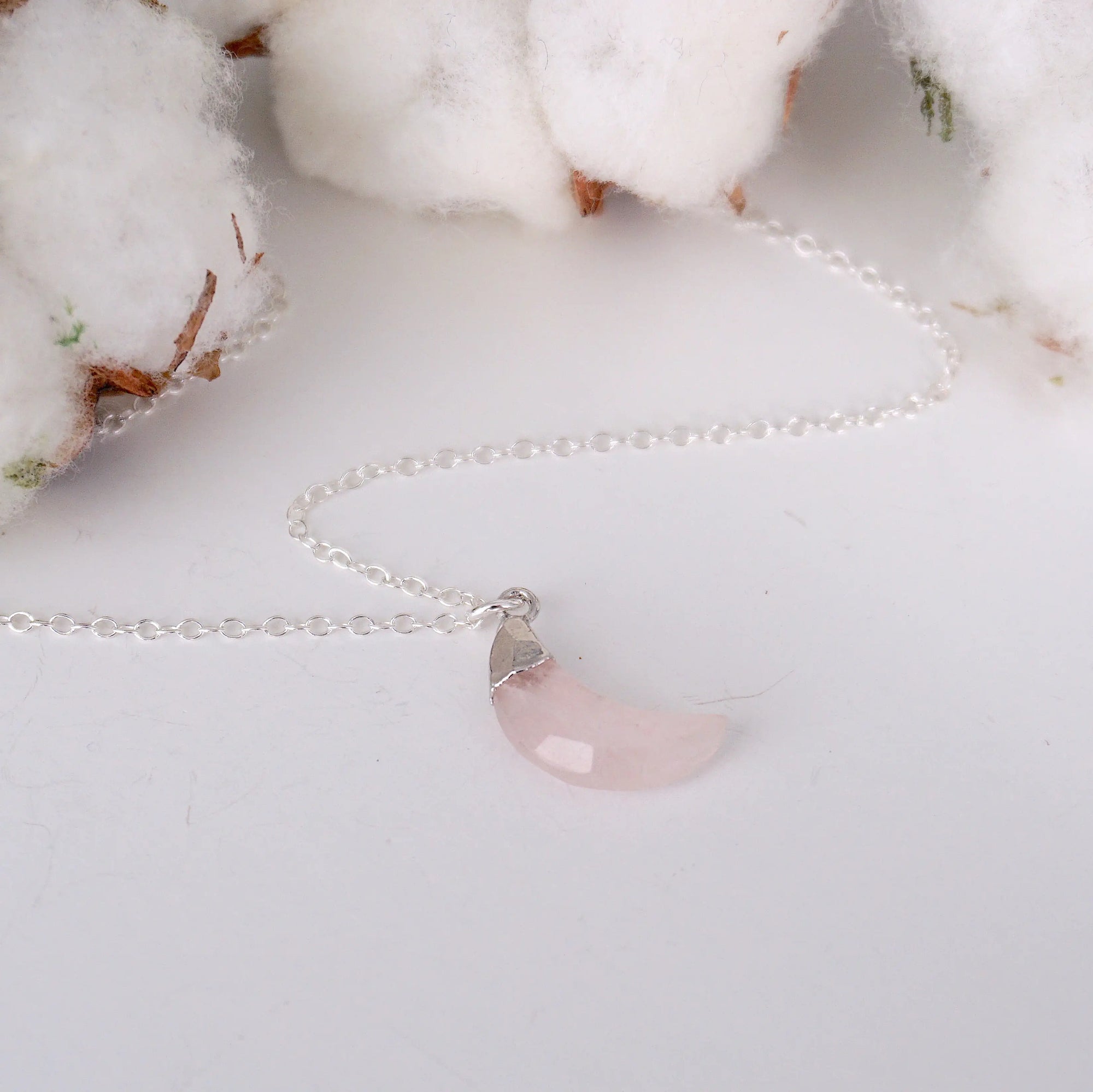 Sterling Silver Rose Quartz Moon Charm Necklace DesignsbyNatureGems