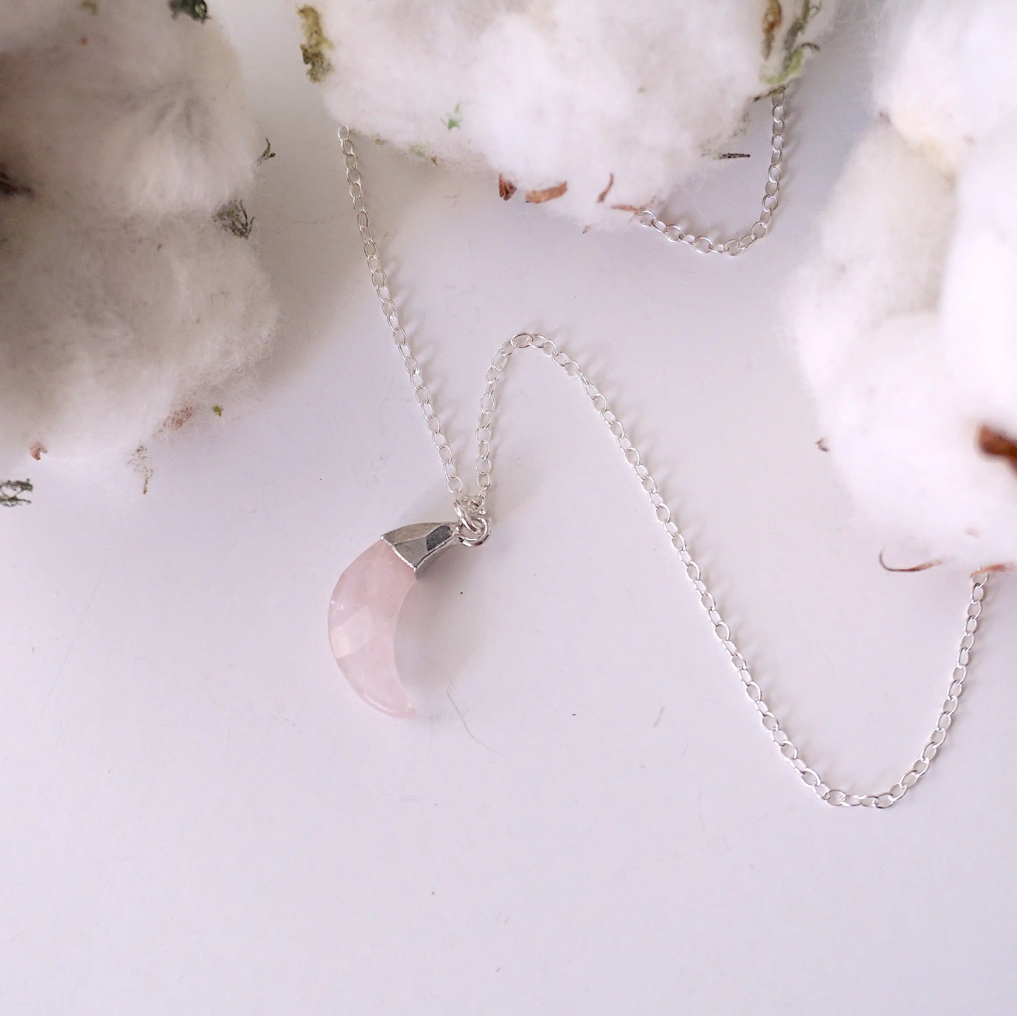 Sterling Silver Rose Quartz Moon Charm Necklace DesignsbyNatureGems