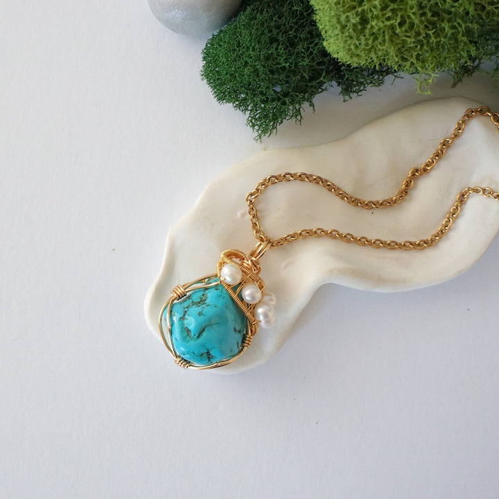 Turquoise and Pearl Necklace - Gold Plated Necklace Designs by Nature Gems