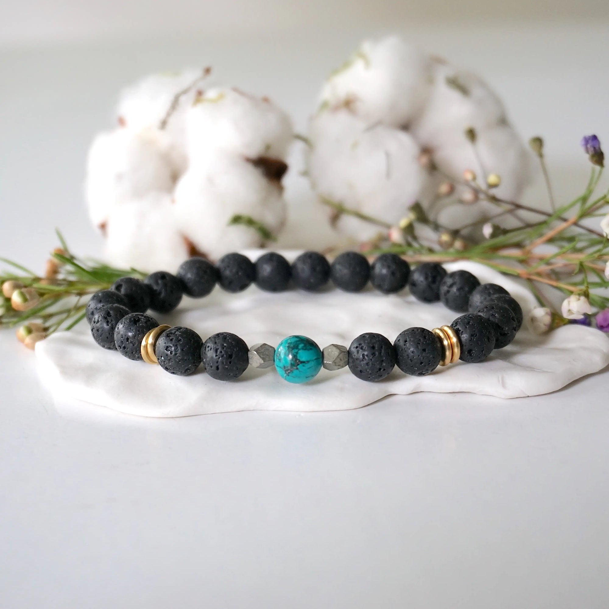 Turquoise lava bead mala bracelet with pyrite chips and gold accents